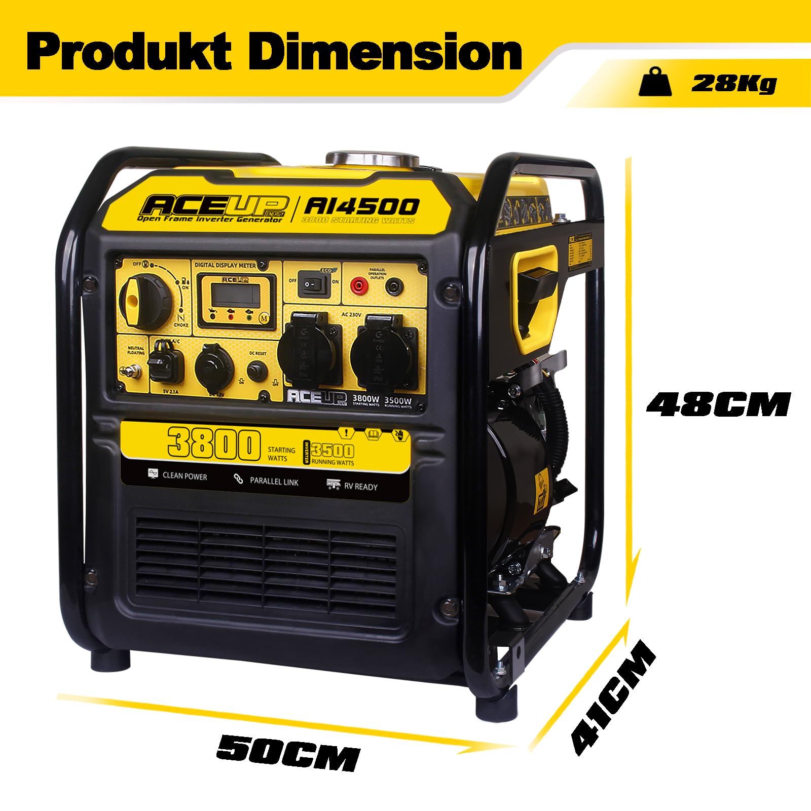 Aceup Energy 3800W Inverter Stromerzeuger Benzin, Notstromaggregat mit Reinem Sinus – Digital-Display, Eco-Modus, 230V 12V Steckdosen, 4-Takt Generator für Camping, Baustelle, Haus
