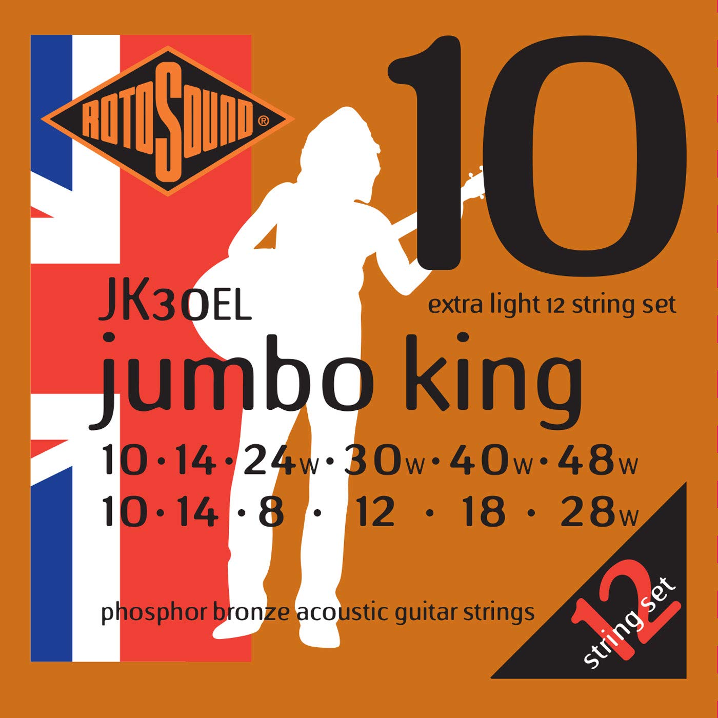 JK30EL Phosphor Bronze Extra Light Gauge 12 String Acoustic Guitar Strings (10-10, 14-14,24-8, 30-12, 40-18, 48-28)