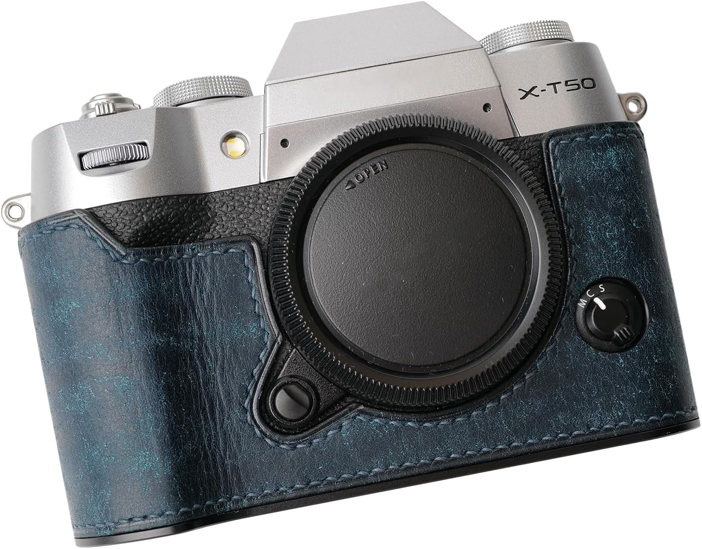 Camera Genuine Leather Half Case ，Compatible with FUJIFILM FUJI X-T50 XT50 ， Made by hand - Top layer cowhide Body + Metal Base Plate 2-in-1 Design (Retro Blue)