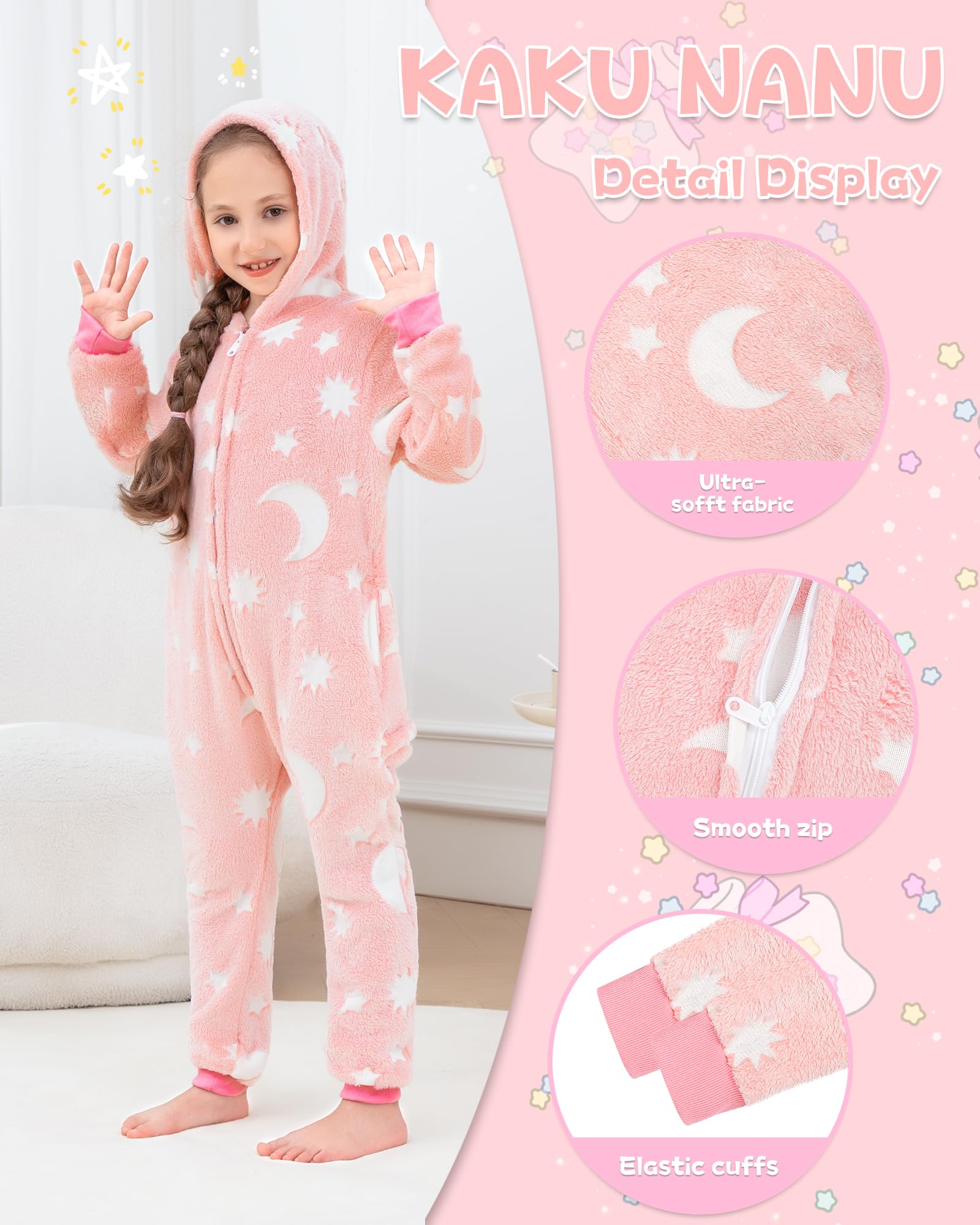 KAKU NANU Pyjama Une-Pièce Doux Et Chaud avec Capuche pour Fille 3-10 Ans-Fermeture Éclair,Poches 7 Couleurs Disponibles