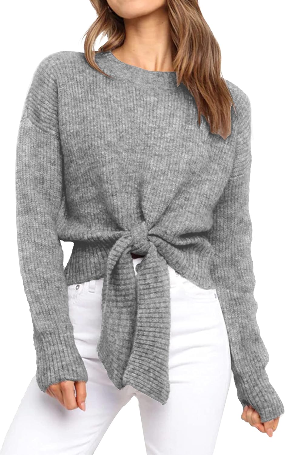 Okiwam Women’s Long Sleeve Cropped Knit Sweater Tie Front Crew Neck Solid Color Ribbed Pullover 2025 Casual Tops Jumper