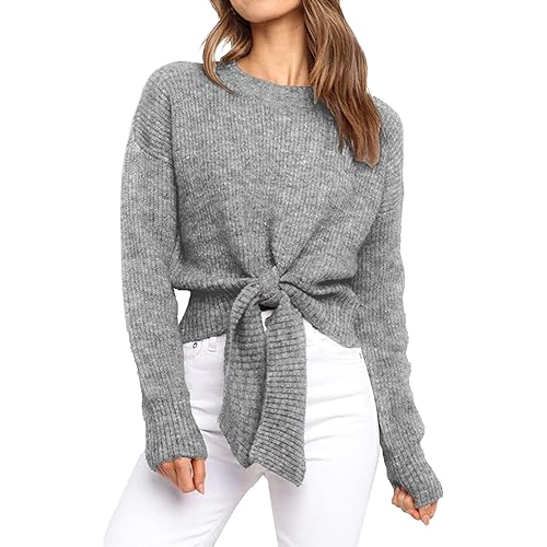 Okiwam Women's Long Sleeve Cropped Knit Sweater Tie Front Crew Neck Solid Color Ribbed Pullover 2023 Casual Tops Jumper