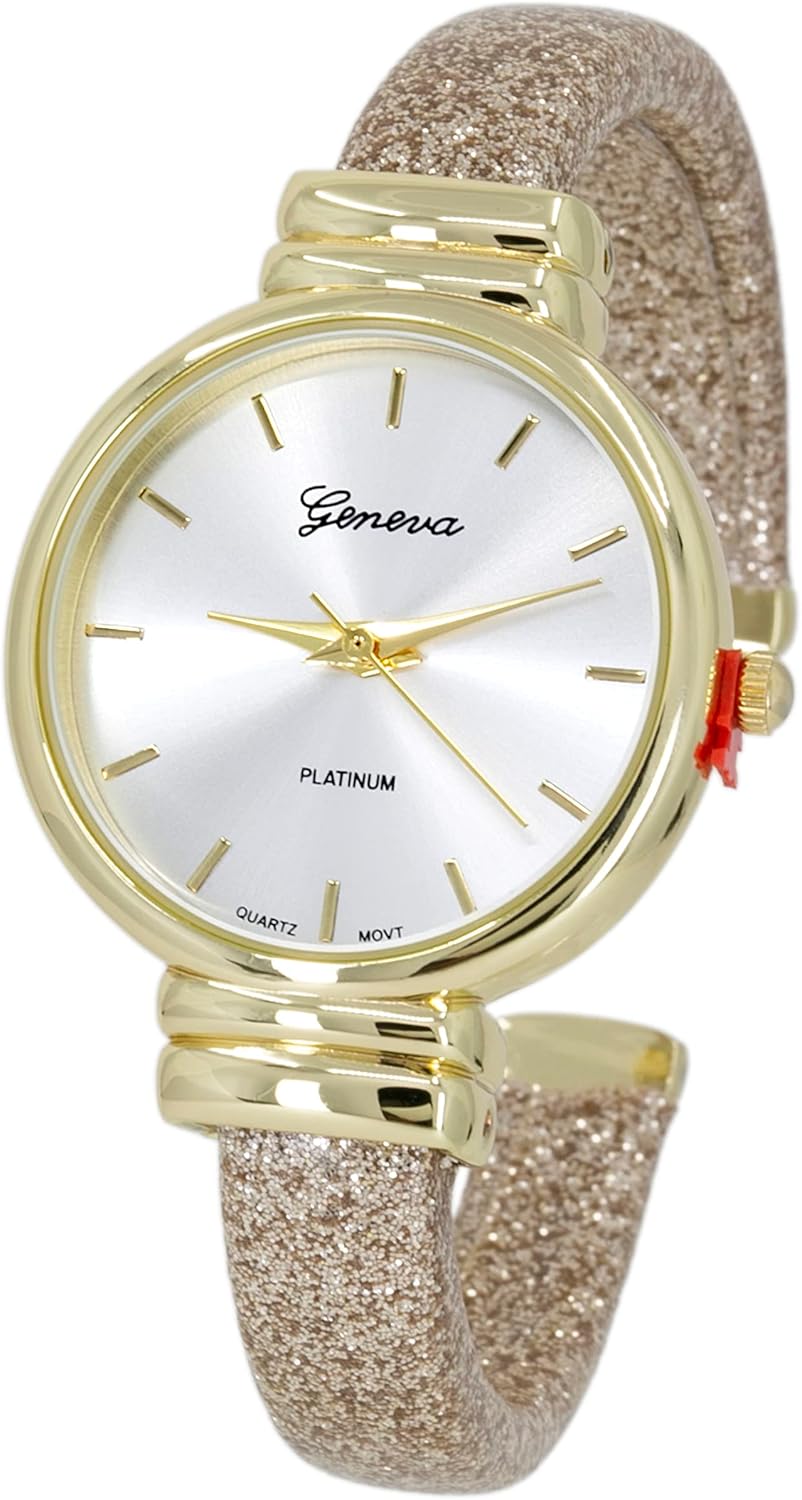 Blekon Collections Women's Analog Quartz 31mm Case Sparkling Glitter Designed Leather Cuff Bangle Ladies Wrist Watch