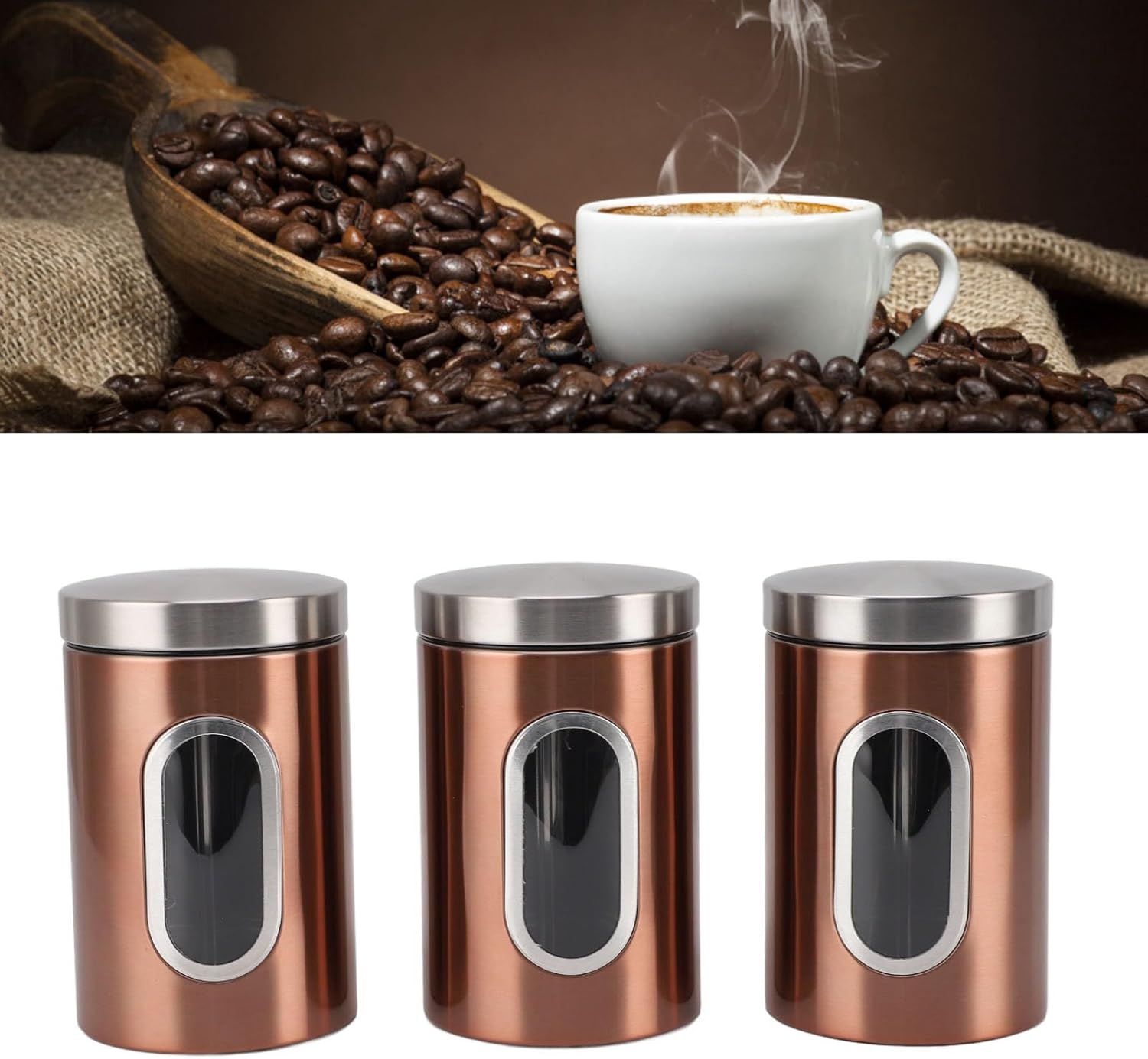 3 Pcs Canister Stainless Steel Food Storage Containers 7 Inch Airtight Food Jar with Visible Window, Coffee Bean Jars for Tea, Sugar, Flour, Candy(Bronze)
