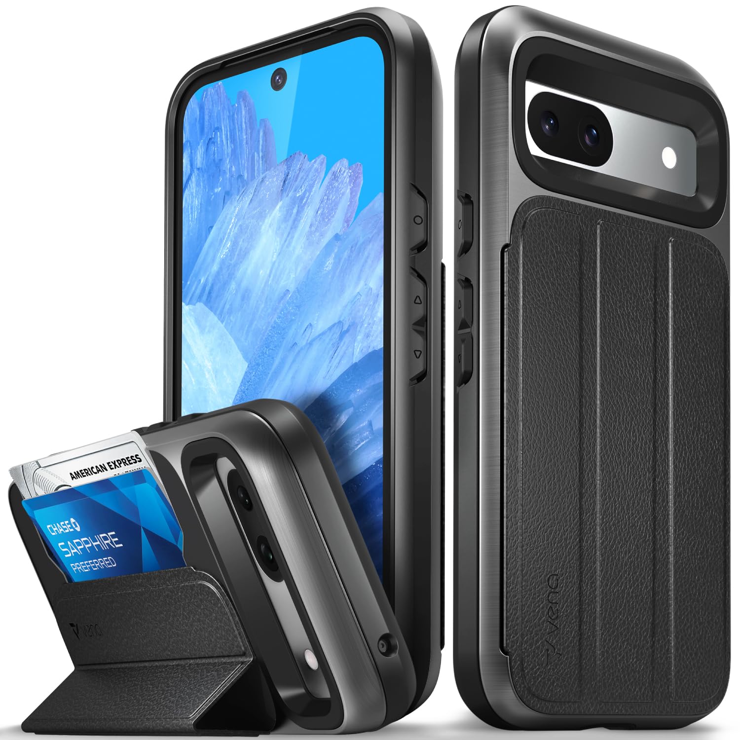 VENA vCommute for Google Pixel 8a Wallet Case, [Military Grade Drop Protection] (2024) Flip Leather Cover Slot Card Holder with Kickstand - Black