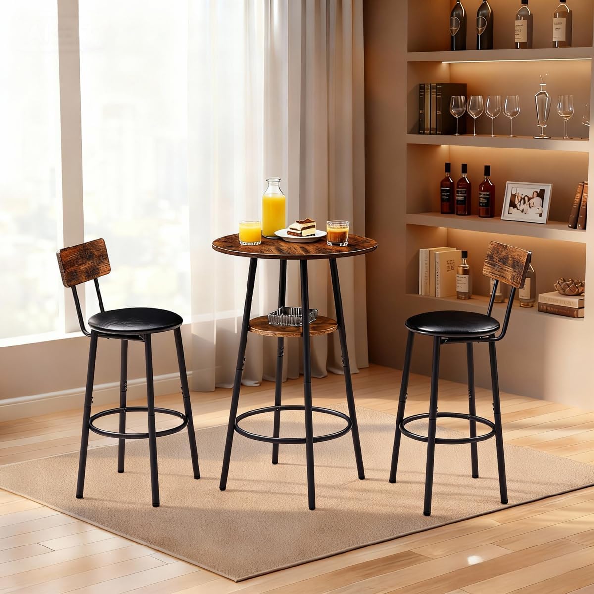 3-Piece Round Bar Table and Chairs Set, Bistro Table and Chairs Set of 2 Rustic Brown, MDF and Iron, 2-Tier Storage, with 2 PU Upholstered Stools for Kitchen, Dining Room, Bar