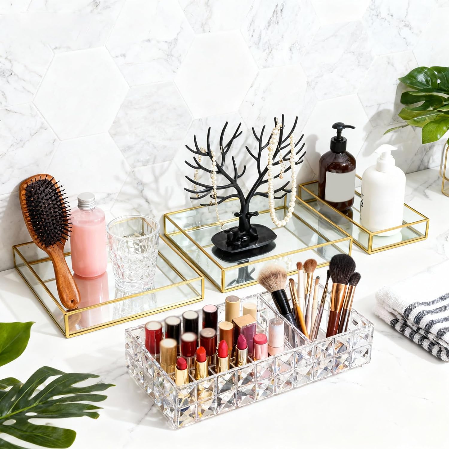 4 Pcs Mirror Tray Gold Rectangle Dresser Tray Metal Cosmetic Perfume Organizer for Vanity Bathroom Bedroom Dresser Hotel (4 Sizes)