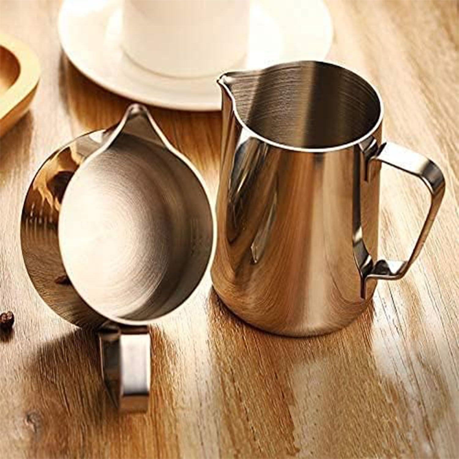 2 Pezzi Bricco da Latte in Acciaio Inox, 150ml/350ml Brocca in Schiuma con Segno, Lattiera Mucca per Cappuccino, per Espresso, Cappuccino e Latte Art