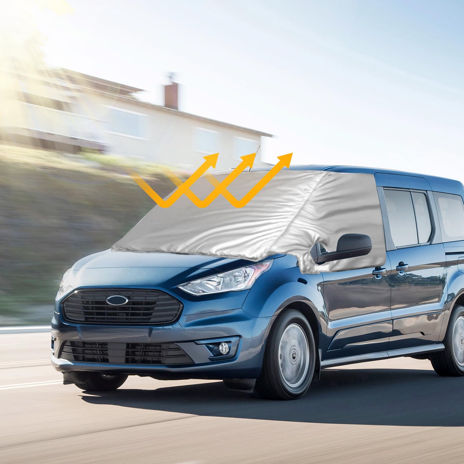 Osłona przedniej szyby, kompatybilna z Ford Transit Connect 2012-2021, luksusowa, ulepszona, srebrna, osłona przeciwsłoneczna na przednią szybę, 100% zaciemnienie, blokada UV, odporna na warunki