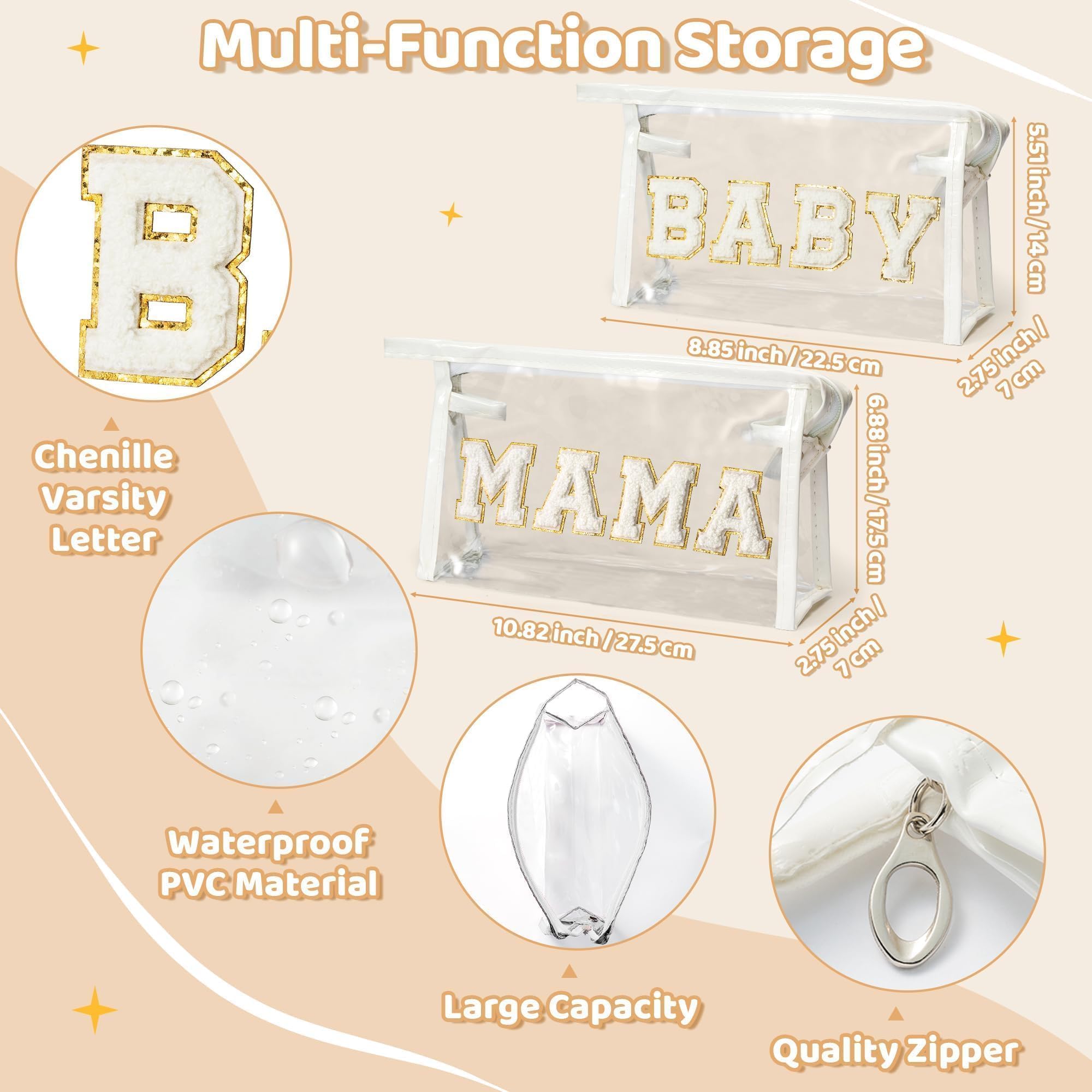 EZdhuawuse Mother's Day Cosmetic Bags - 2Pcs Summer Preppy Patch White MAMA BABY Chenille Varsity Letter Clear Toiletry Makeup Bag Aesthetic Waterproof Portable Makeup Pouch Clutch Purse for Mom