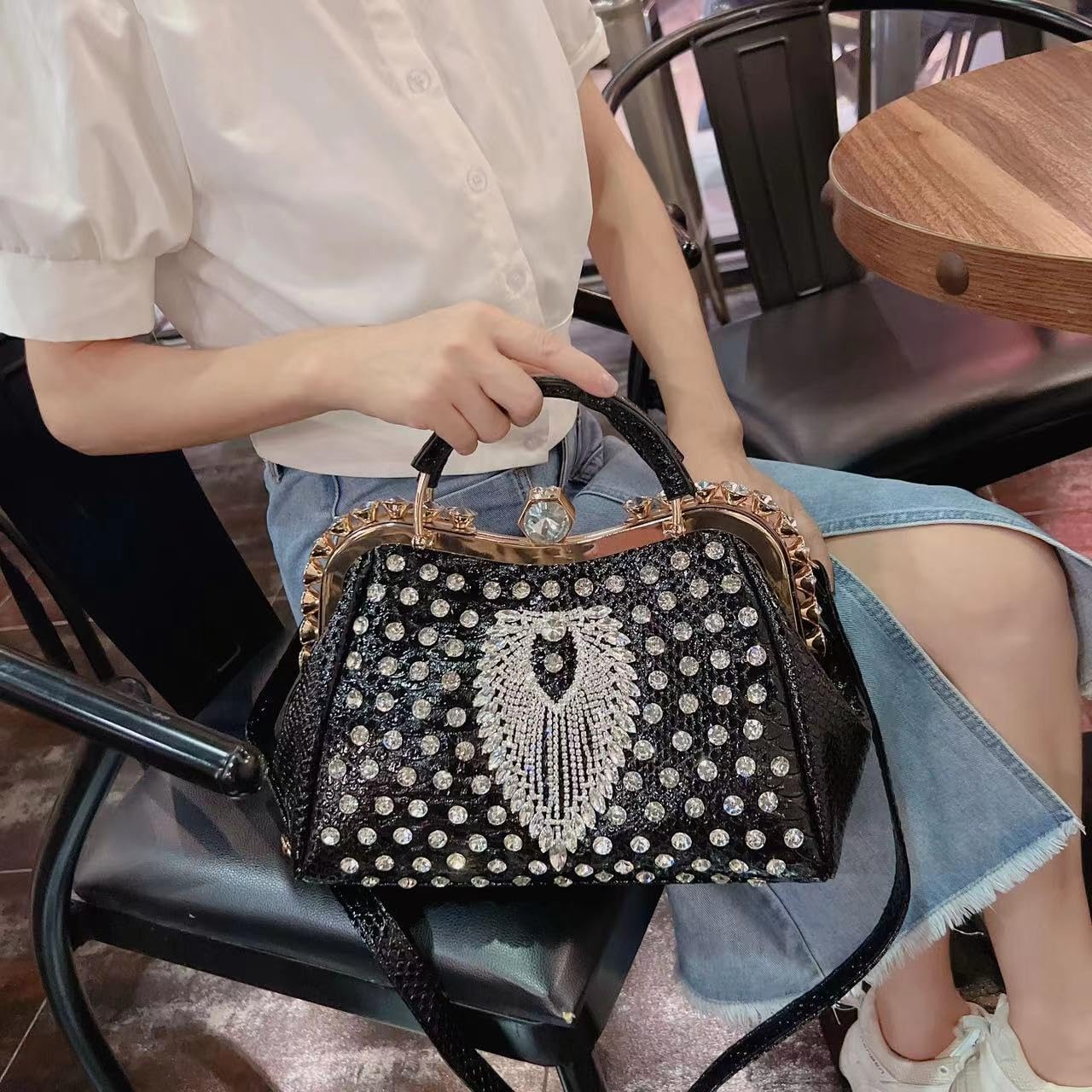 Luxury Fashion Diamonds Bag For Women Leather Top Handle Satchel Handbags Clip Rhinestone Purses Tote Shoulder Crossbody Bags