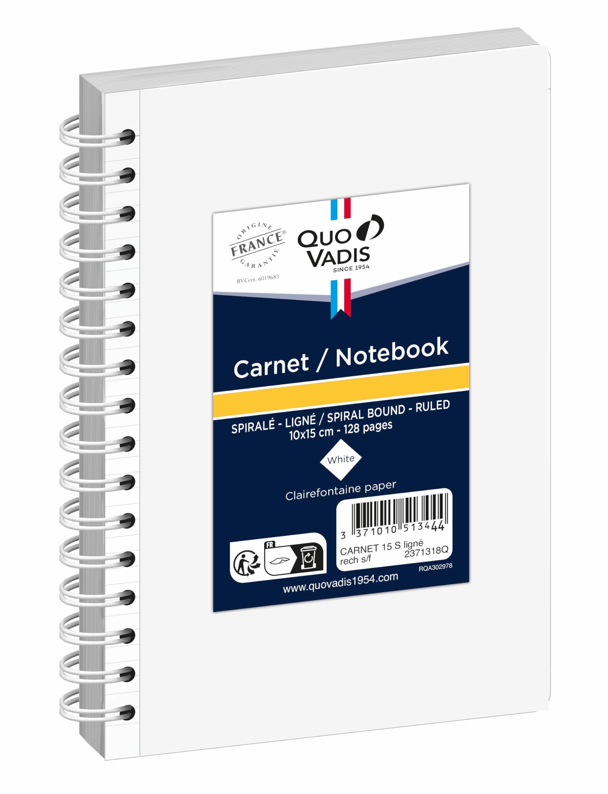 QUO VADIS - Refill notebook - Spiral bound - Lined pages - 10 x 15 cm - Clairefontaine white paper - Made in France
