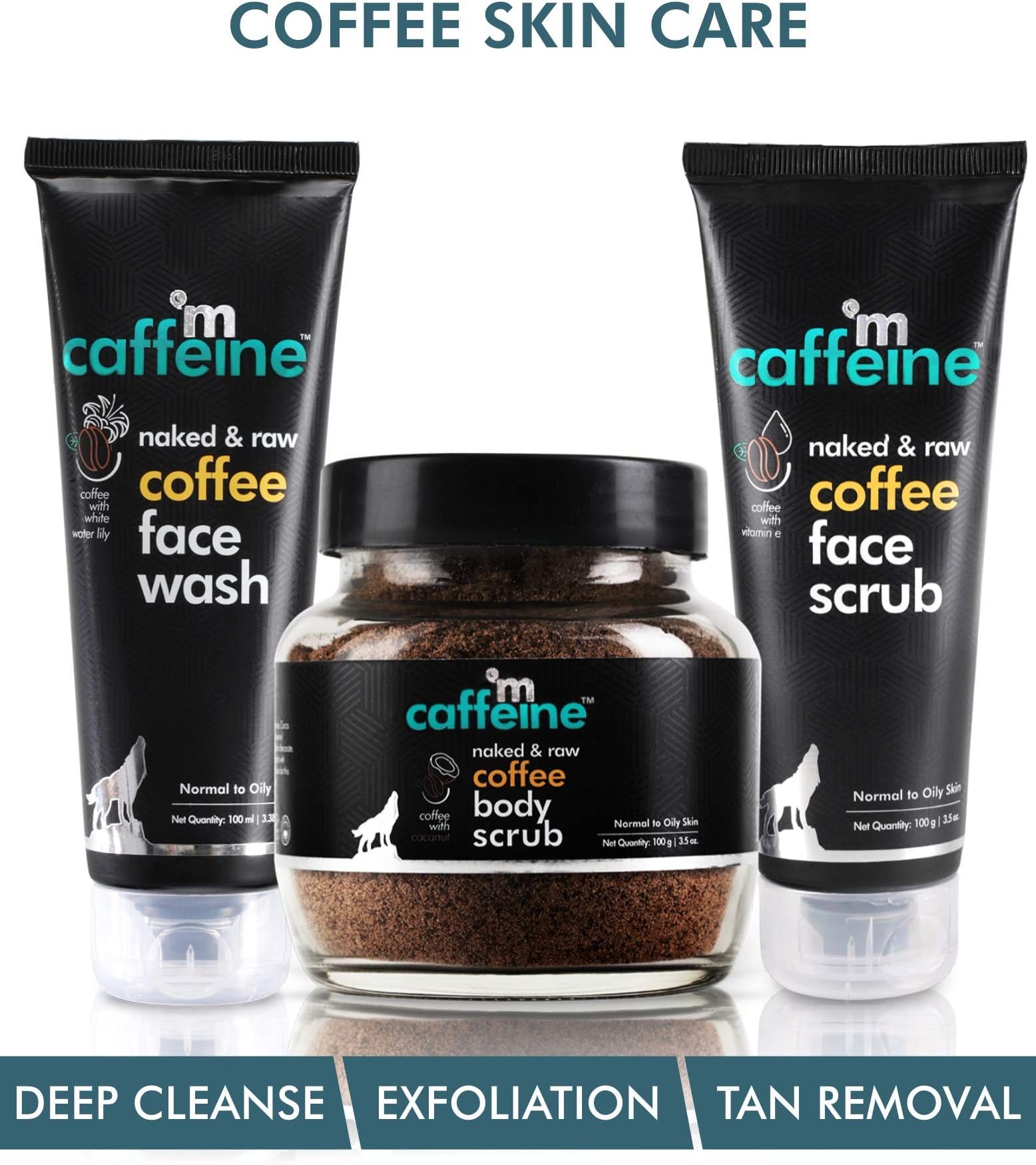 mCaffeine Coffee Tan Removal Regime | Cleanse & Exfoliate Combo | Face Wash, Face Scrub & Body Scrub | For All Skin Types | Home Spa Kit Pack of 3