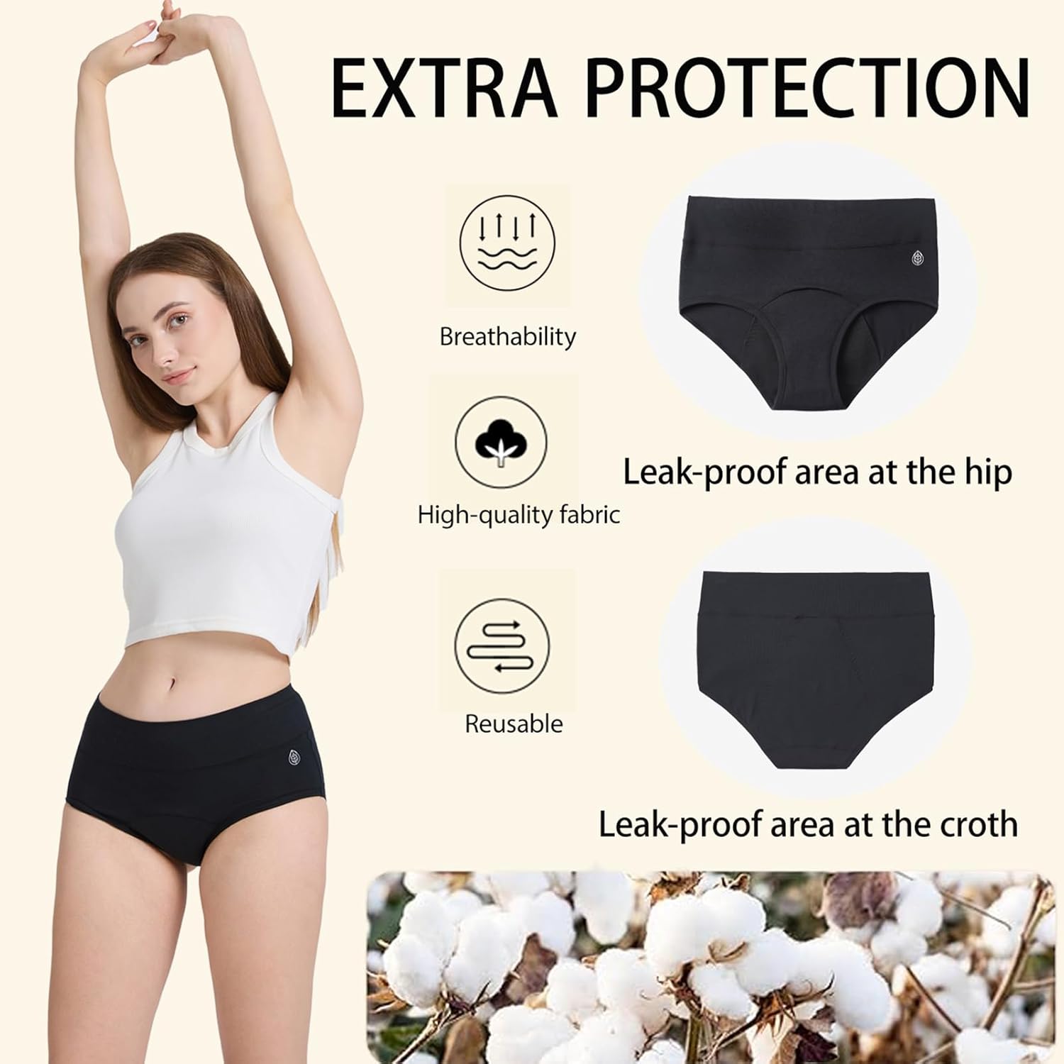 Washable Period Underwear for Women High Waist, Period Panties for Incontinence Women, Leakproof Menstrual Panties Cotton, Postpartum Underwear, 3Pack, X-Large - Image 3