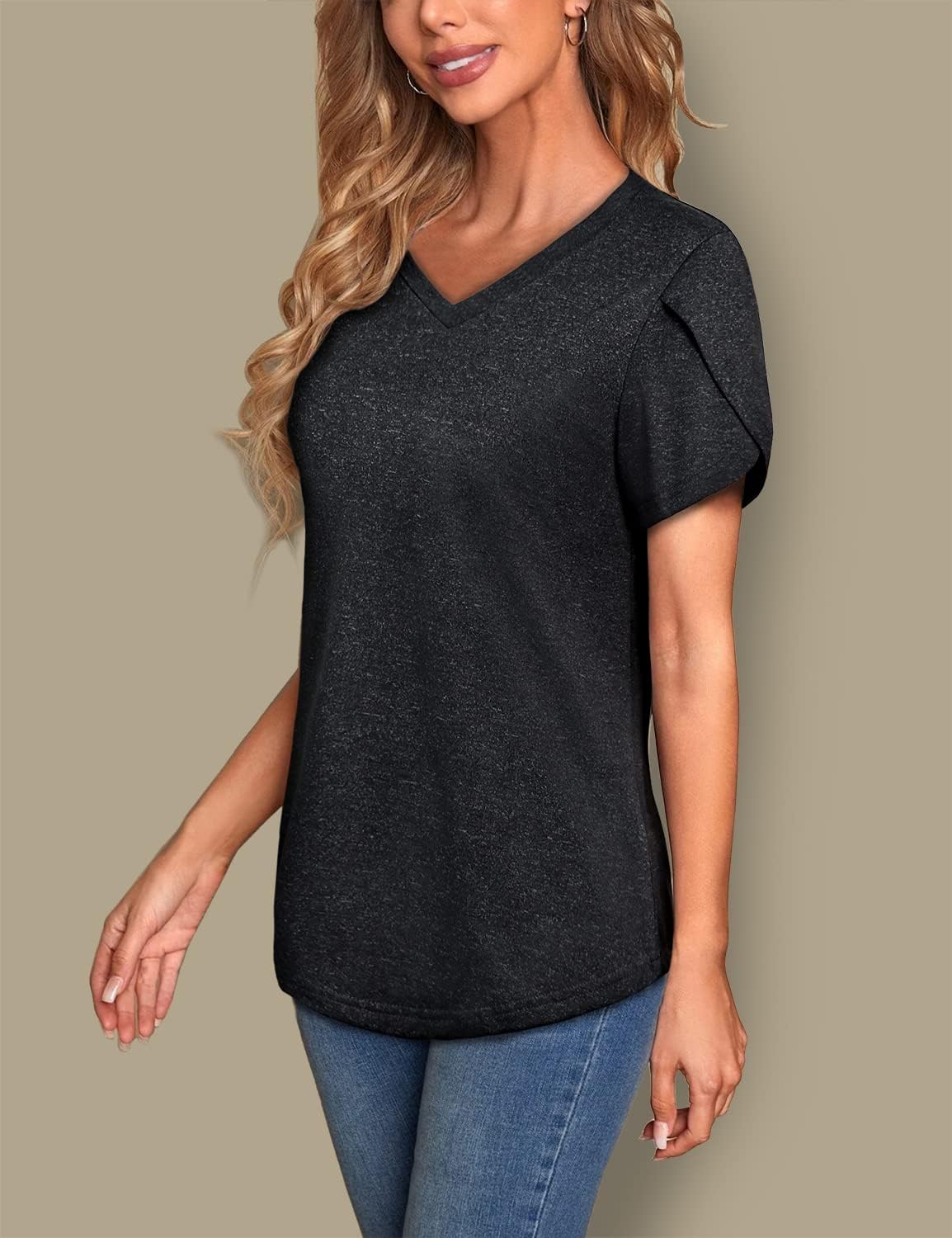 MISS FORTUNE Womens V-Neck Short Sleeve Activewear T-Shirt Petal Sleeve Casual Athletic Moisture Wicking Fitness Tops - Image 4