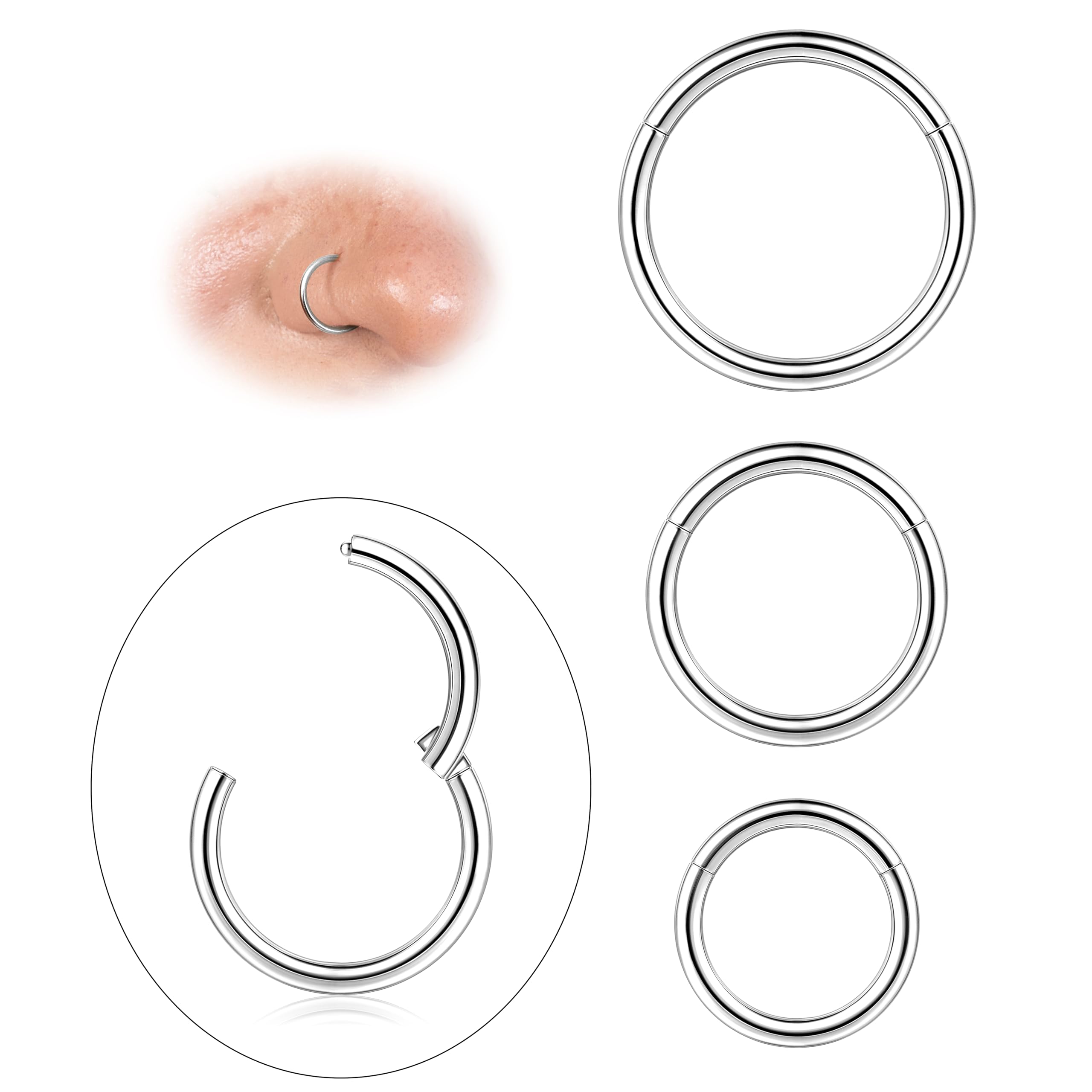Diamday 3 aros de nariz de acero quirúrgico 316L, con bisagras, piercing para tabique, labio, cartílago, hélice, tragus, etc