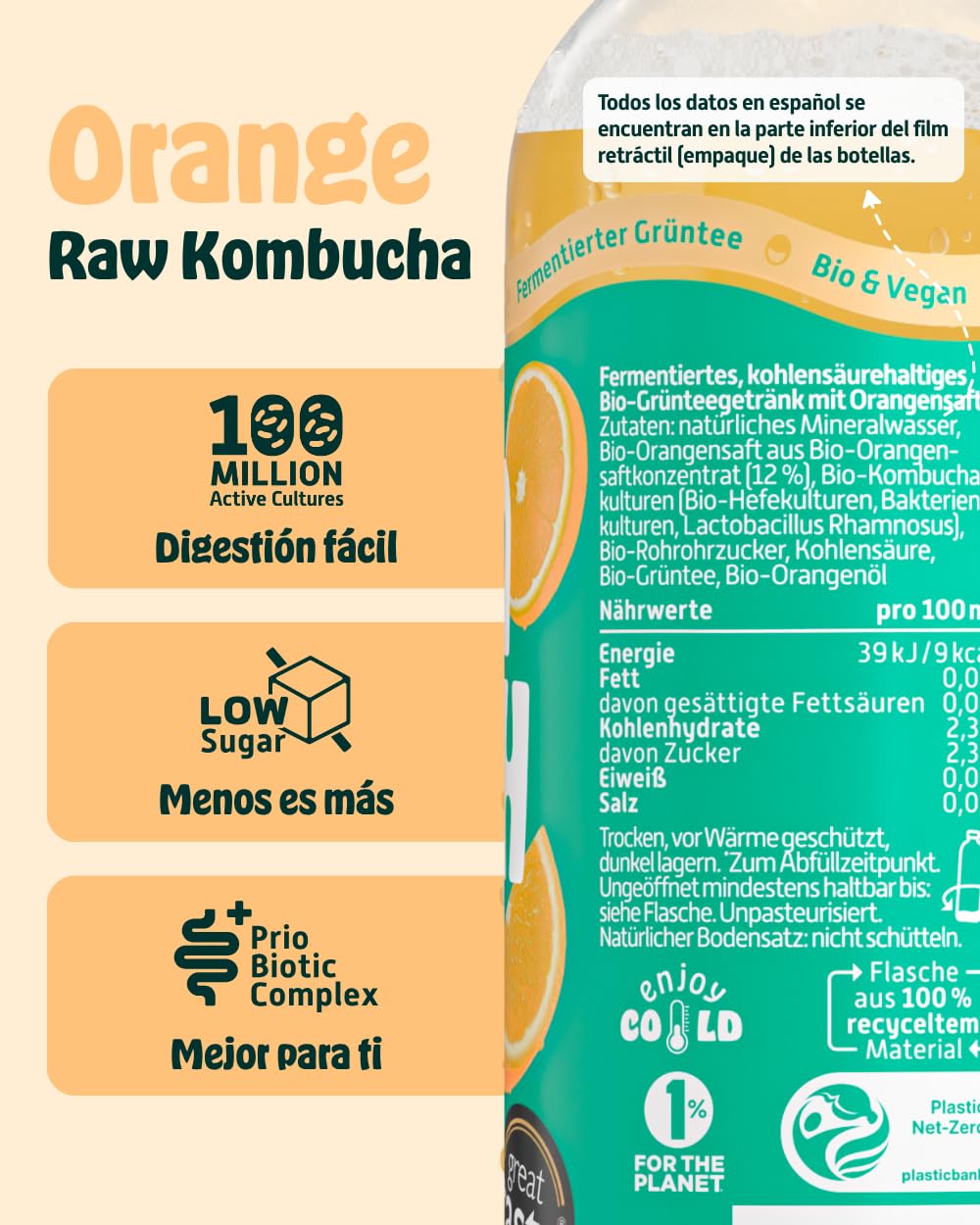 KOMBUCHERY® Kombucha de naranja ORGÁNICO crudo | 18 x 400ml | Té fermentado con cultivos activos para el intestino | Bajo en azúcar y en calorías | Sin pasteurizar, probiótico