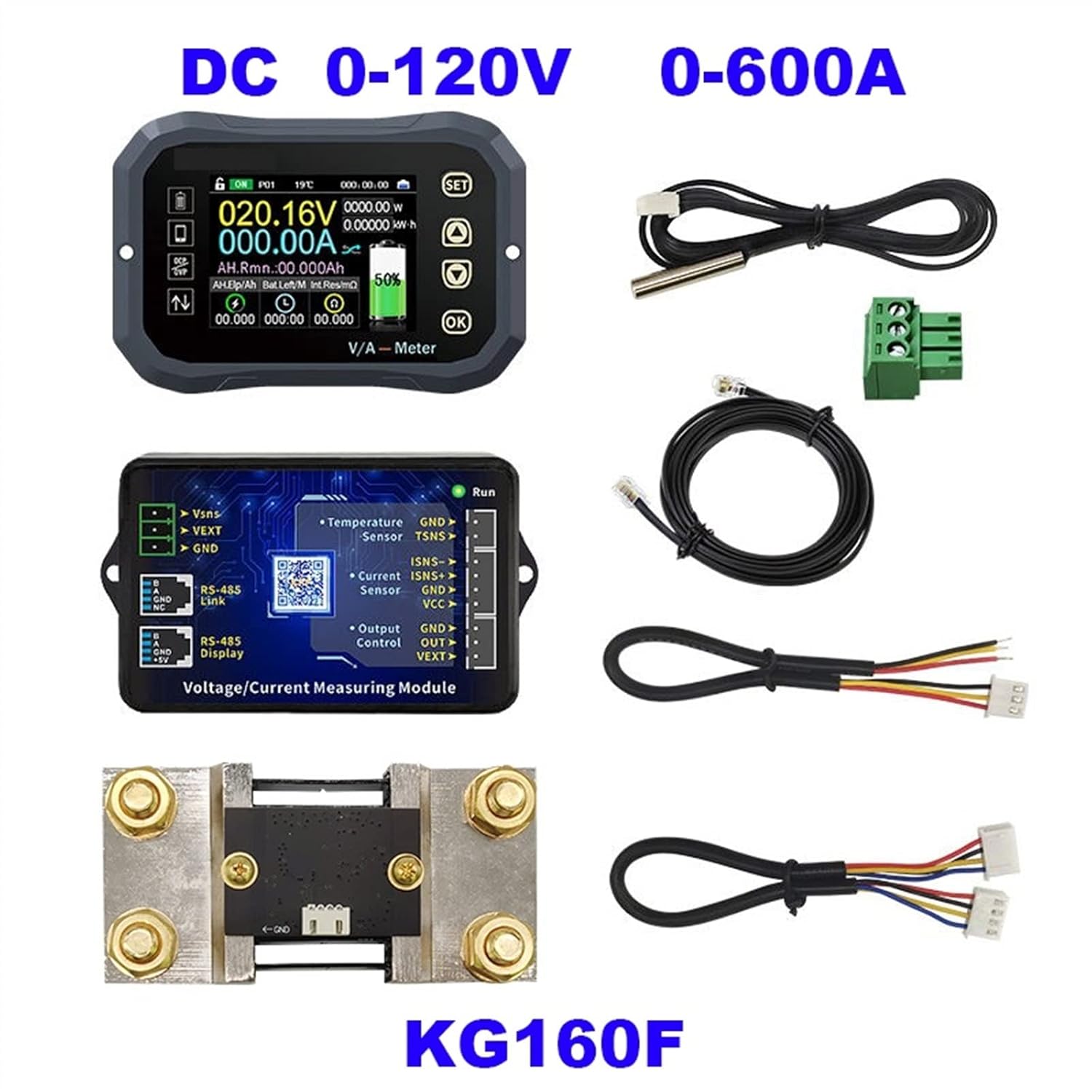 Battery Monitor Bluetooth DC 0-120V 100A 400A 600A Battery Tester Voltage Current VA Battery Coulomb Meter Capacity Indicator(KG160F-0-120V-0-600A)