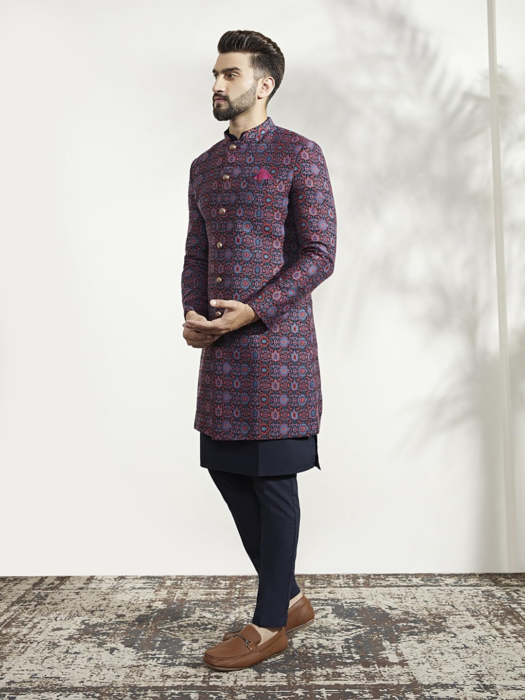 Kisah Men's Kurta Indo-Western Sherwani Trouser Set, Multi Jacquard, Woven Design Regular Fit Mandarin Collar Full Sleeves (Medium)