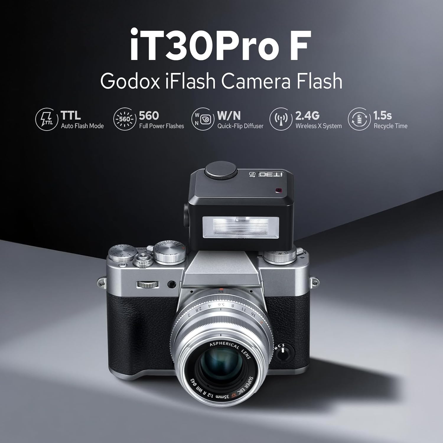 Godox iT30Pro-F TTL Mini Flash for Fuji, Touchscreen 1/8000s HSS 2.4G Wireless Flash Speedlite, Built-in Battery