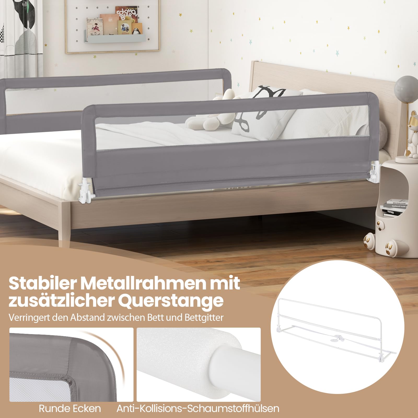 GOPLUS Bettgitter klappbar, Kinderbettgitter mit Sicherheitsgurten, atmungsaktives Gewebe, für Zwillings-, Einzel-, Doppel-, Voll-, Queen- und King-Size-Matratzen, 180 cm x 56 cm (Grau)