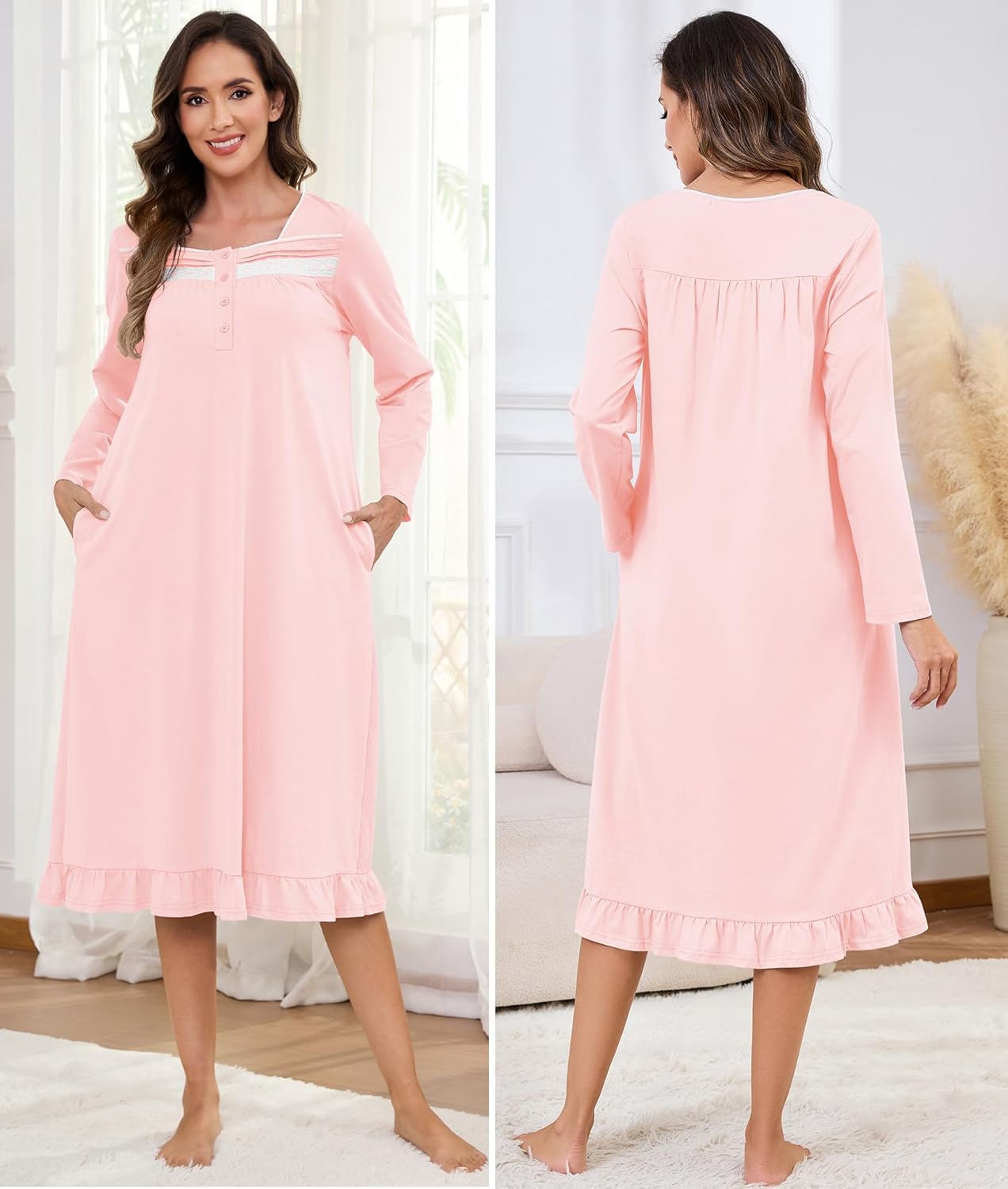 Bloggerlove Womens 100% Cotton Nightgown Long Sleeve House Dress with Pockets Sleep Dress S-3XL - Image 2