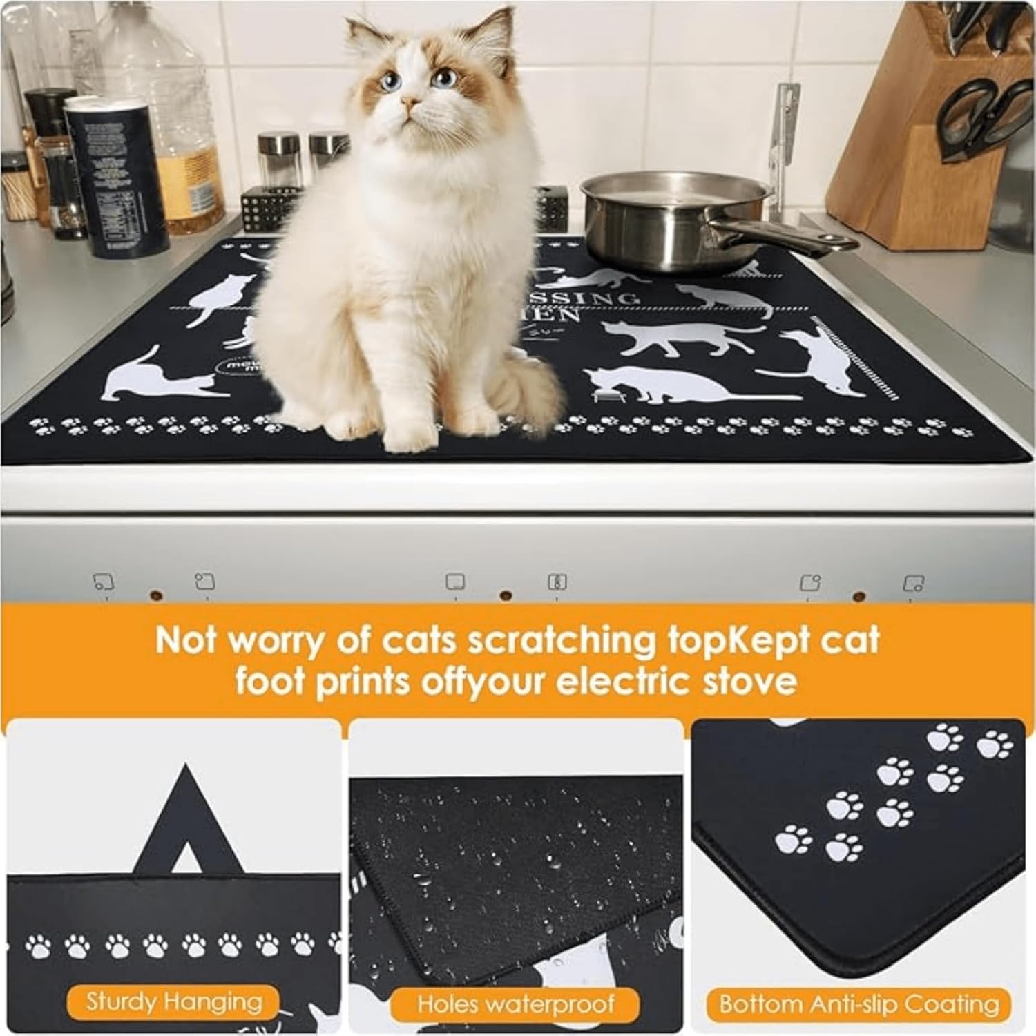 Stove Top Covers for Electric Stove, Soft and Durable Rubber Glass Stove Top Protector, Electric Stove Cover 28.74" X 20.86"Inch, with Two Hooks Foldable Electric Furnace Cover (White Cat Style)