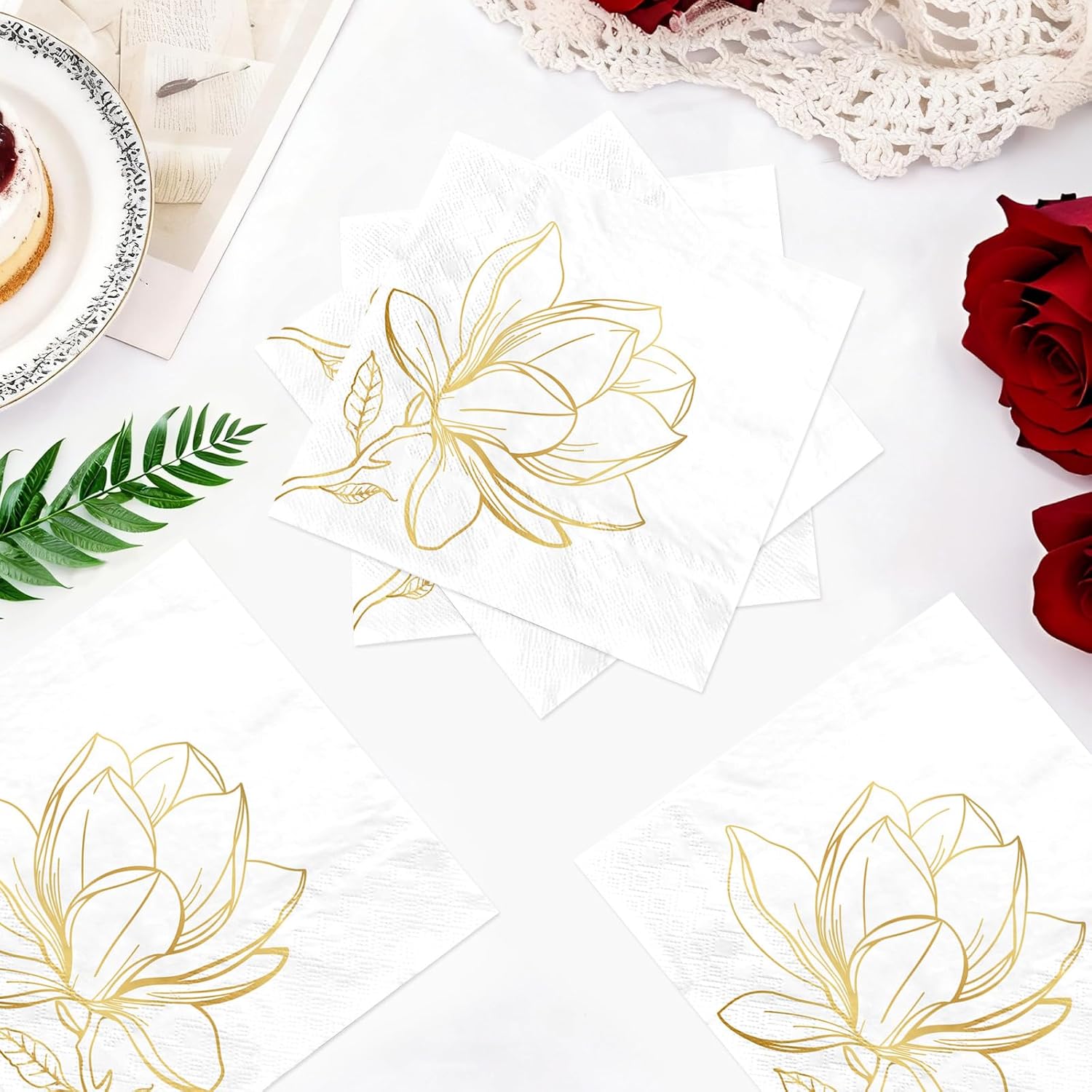 100 Pack Gold Magnolia Cocktail Napkins 3 Ply 5 x 5 Inch Gold Foil Floral Disposable Paper Napkins for Spring Dinner Wedding Birthday Baby Shower Vintage Bridal Engagement Reception Party Supplies