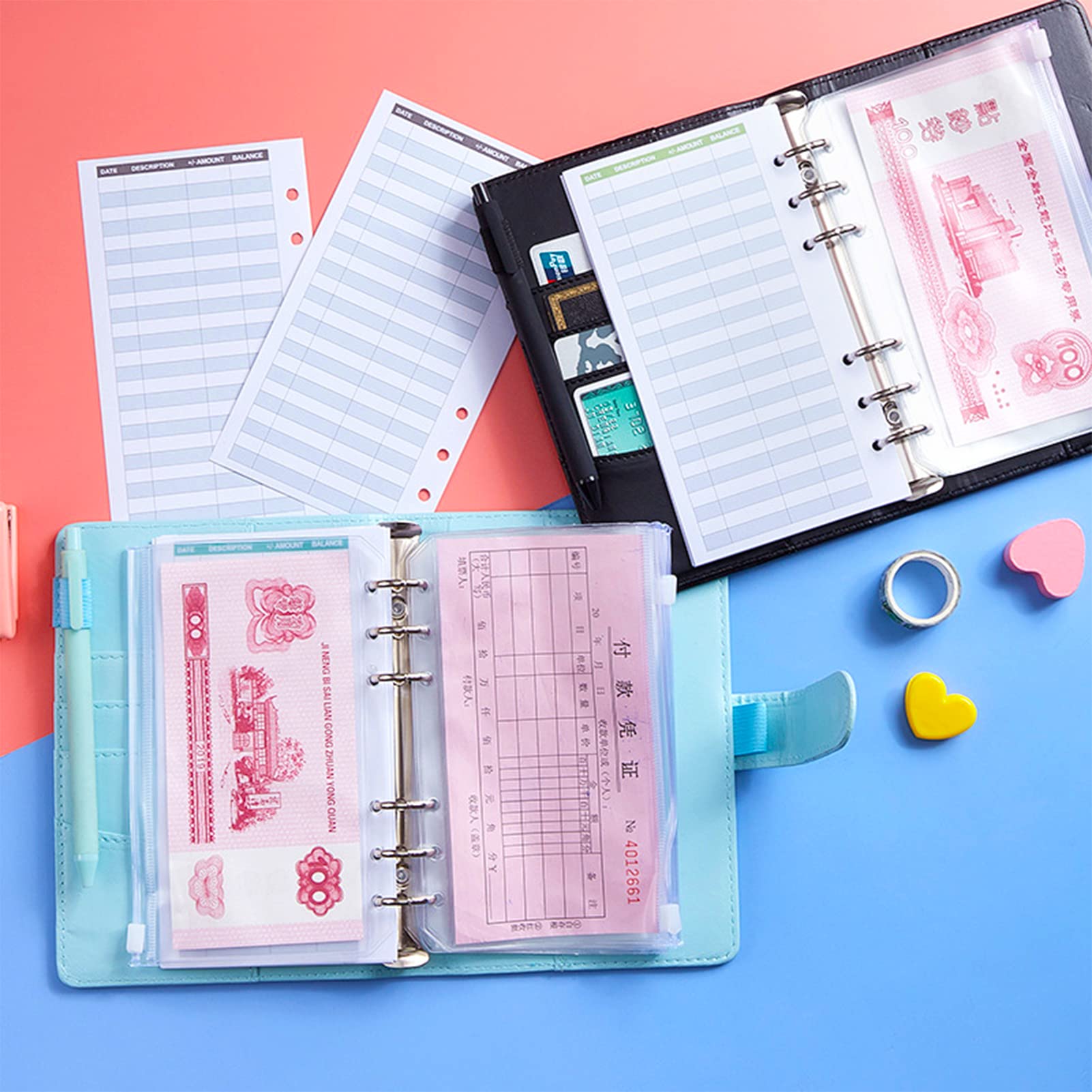 Lot de 28 classeurs budgétaires A6 – Classeur à anneaux en cuir avec enveloppes transparentes, feuilles de budget, étiquettes autocollantes et organiseur de billets pour voyage et agenda – Bleu
