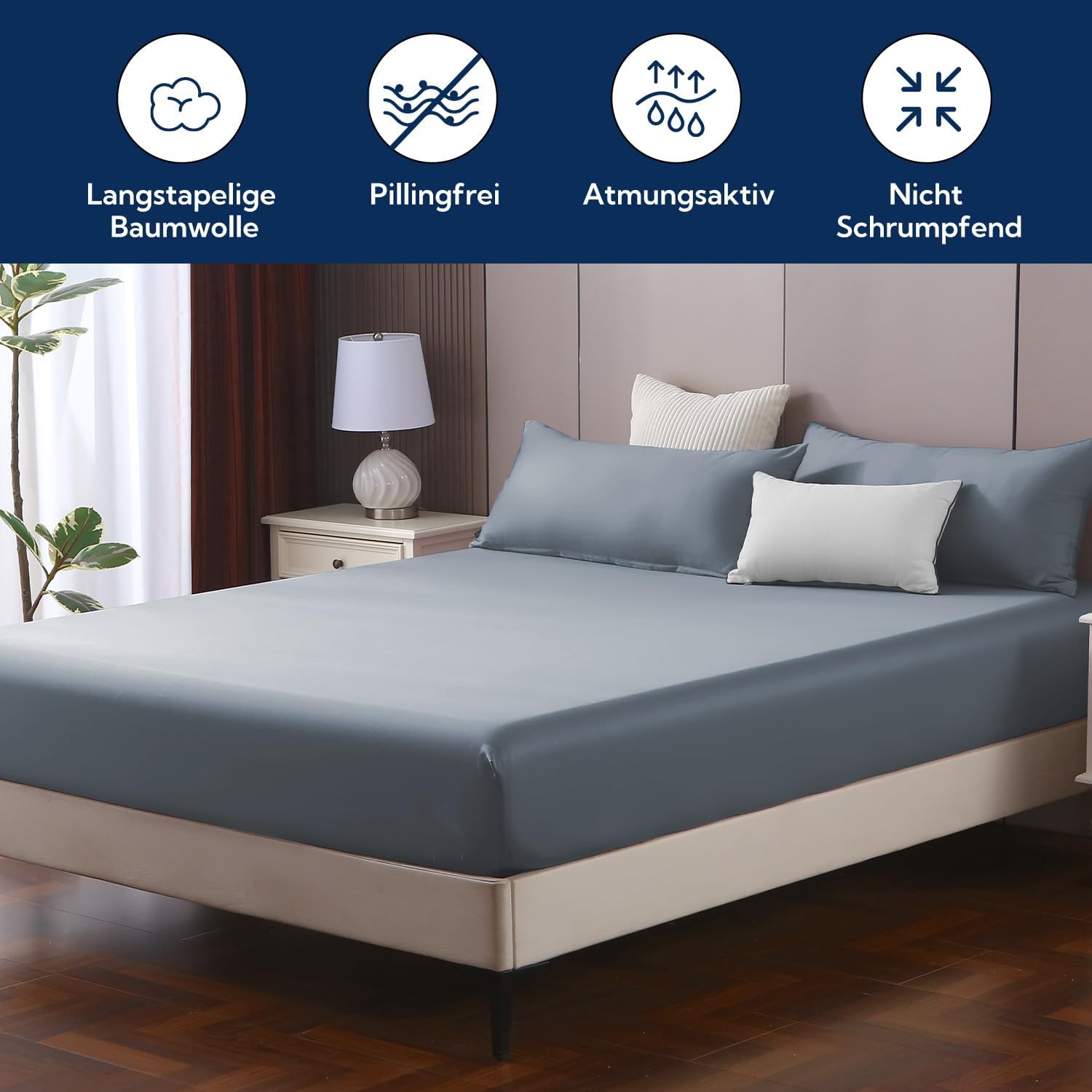MILDLY Fitted Sheet 120 x 200 cm Satin Cotton Oeko-Tex Ashley Blue | 100% long-staple cotton silky luxury bed sheet fitted sheet up to 25 cm mattress height, Oeko-Tex certified Ashley Blue 120 x 200 x 30 cm