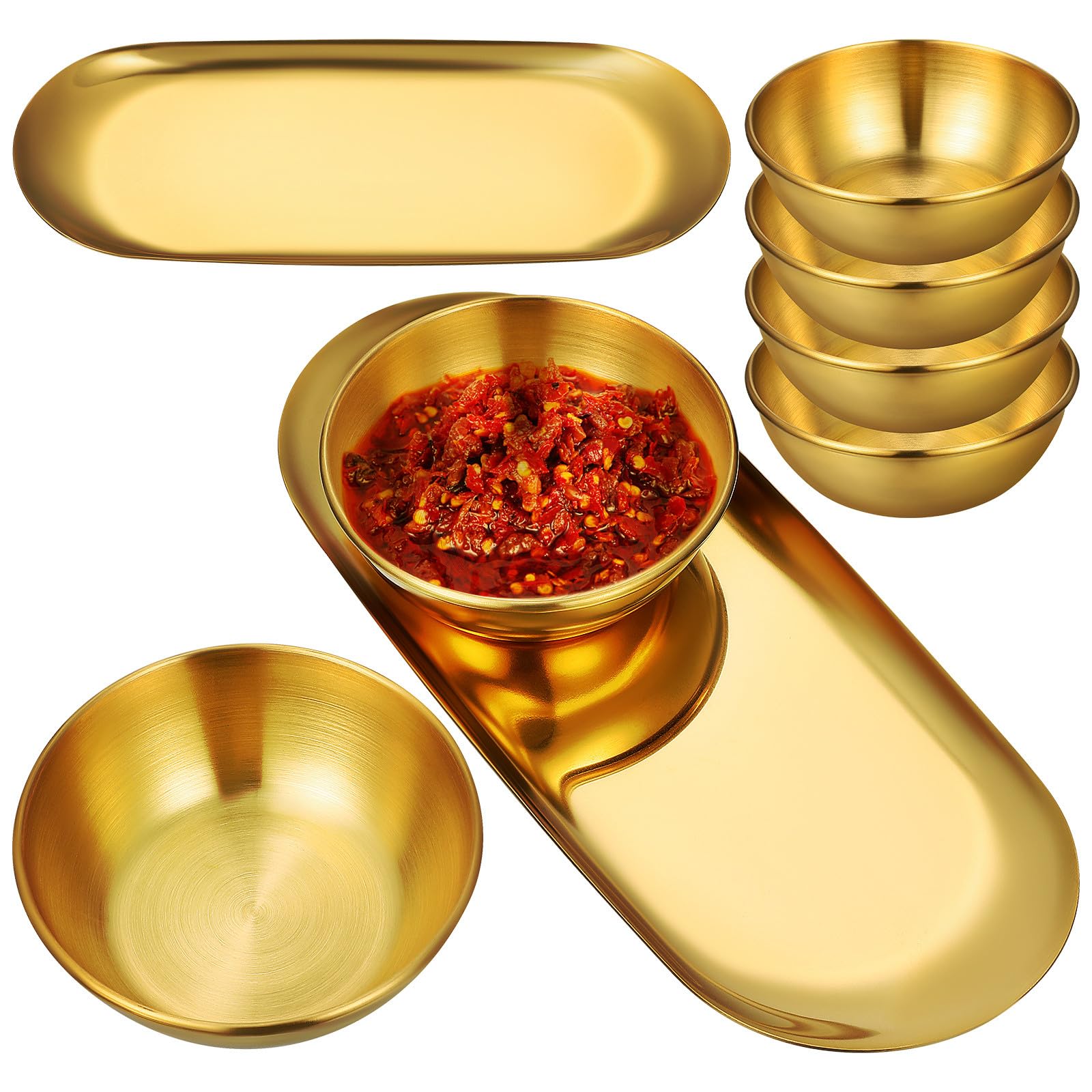 Service apéritif et sushi comprenant 6 bols à sauce dorés et 2 plateaux de service ovales