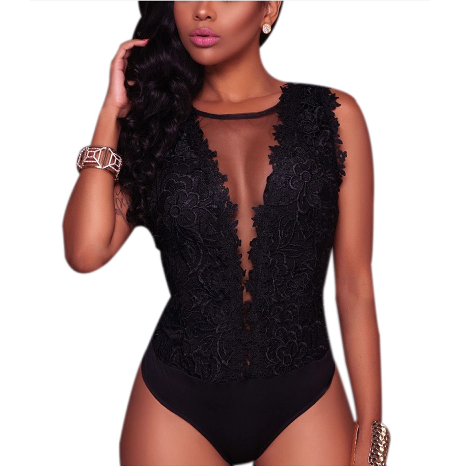 RARITYUSWomen Sexy Lace Bodysuit Jumpsuit See Through Mesh Sleeveless Swimsuit Tops Skirt for Party Outfit