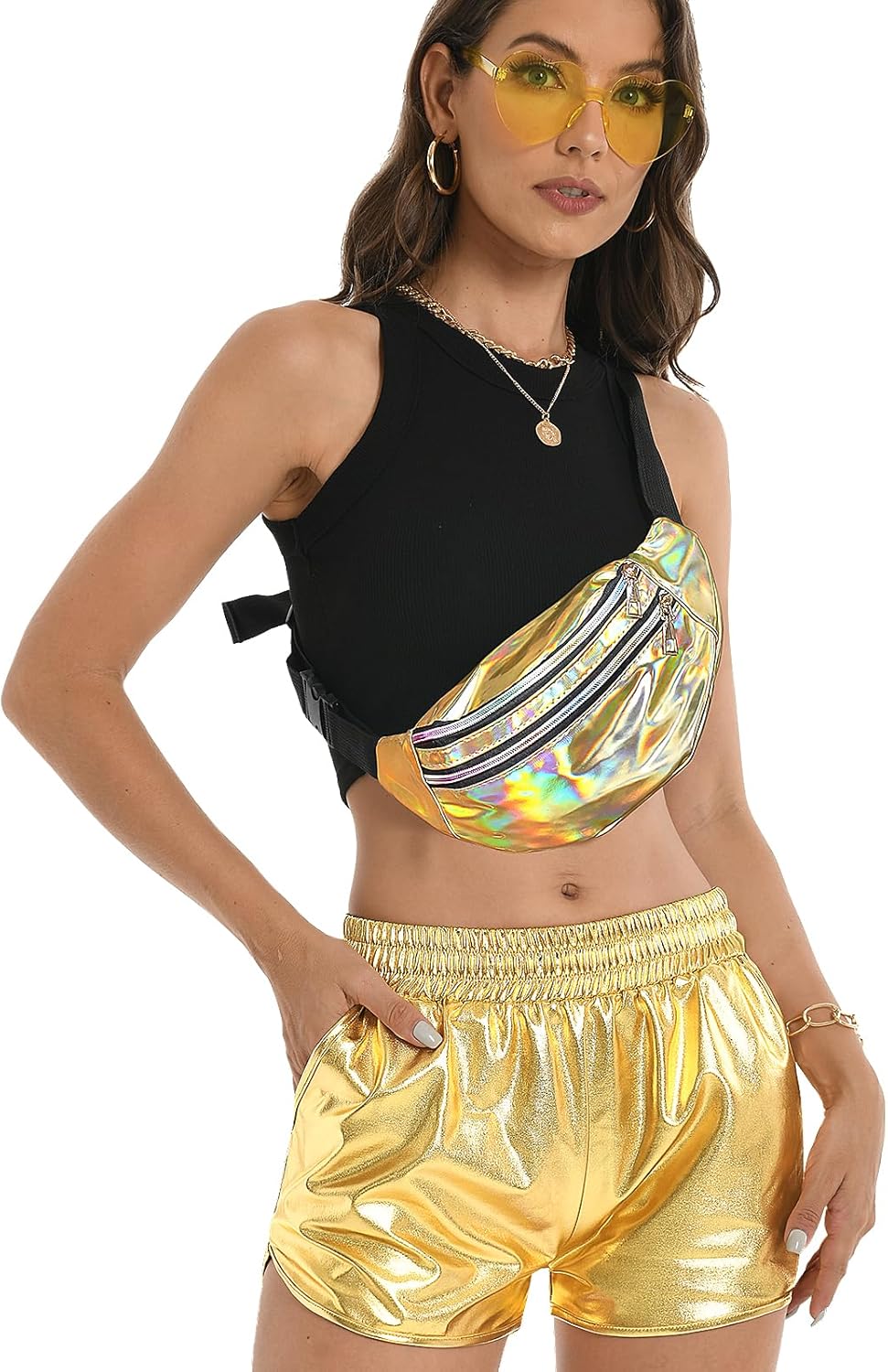 Women's Metallic Shorts Hot Sparkly Rave Shiny Short Elastic Waist Yoga Short Pants Club Party Outfit with Sunglasses