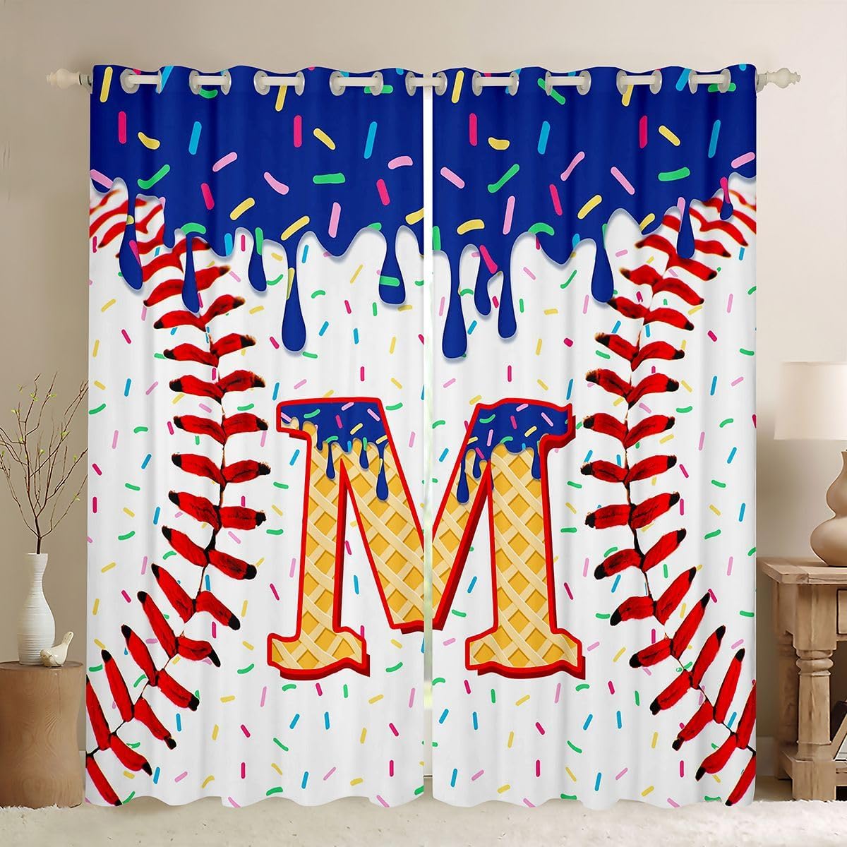 Erosebridal Baseball Blackout Curtains for Bedroom Living Room Boys Custom Alphabet M Window Curtains 2 Panels 52" Wx63 L Sweet Candy Ice Cream Drapes Sports Ball Themed Window Treatments