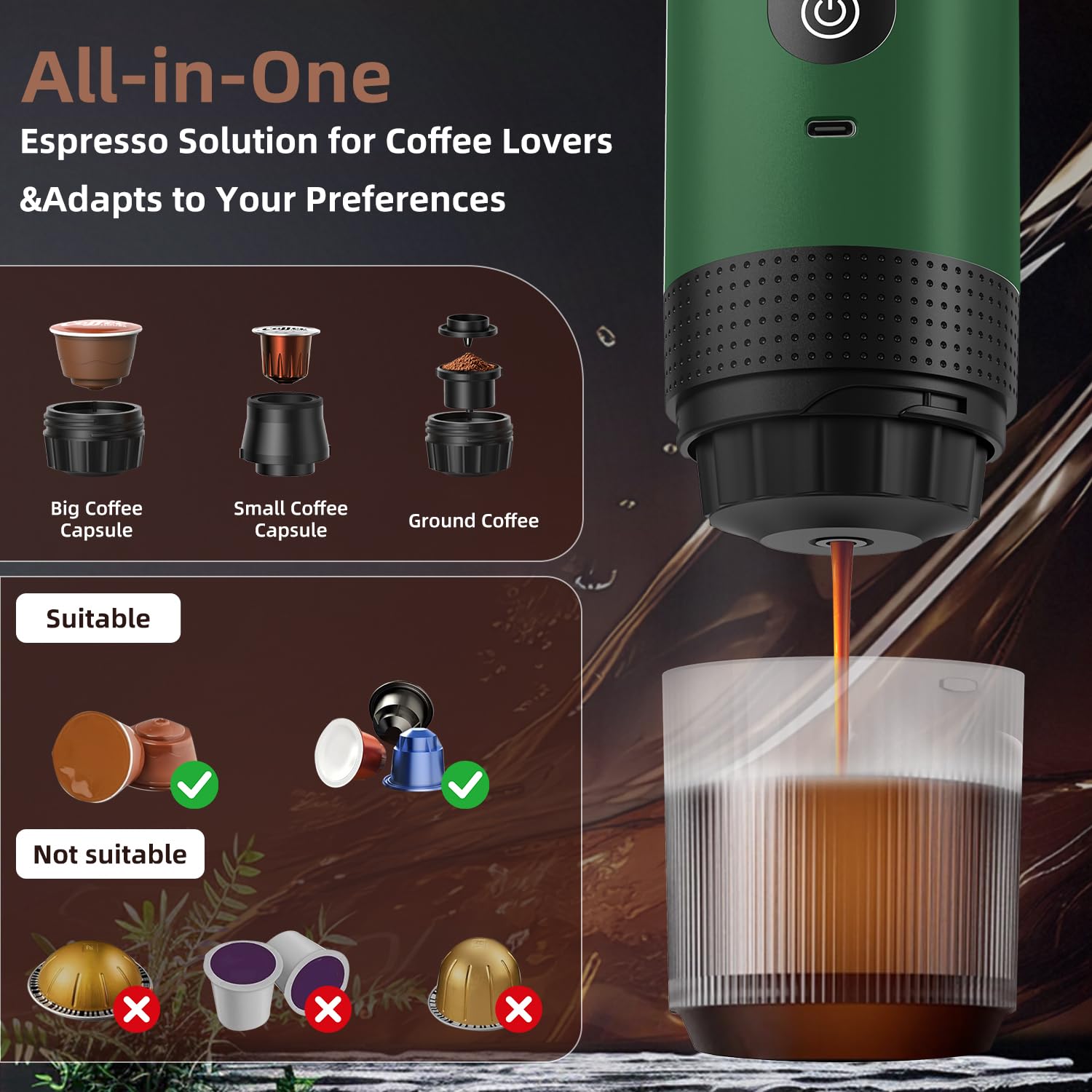 Macchina da caffè portatile per viaggi e campeggio, macchina per caffè espresso portatile con borsa, ricaricabile senza fili, a batteria, per caffè macinato, NS Capsule RV, escursionismo