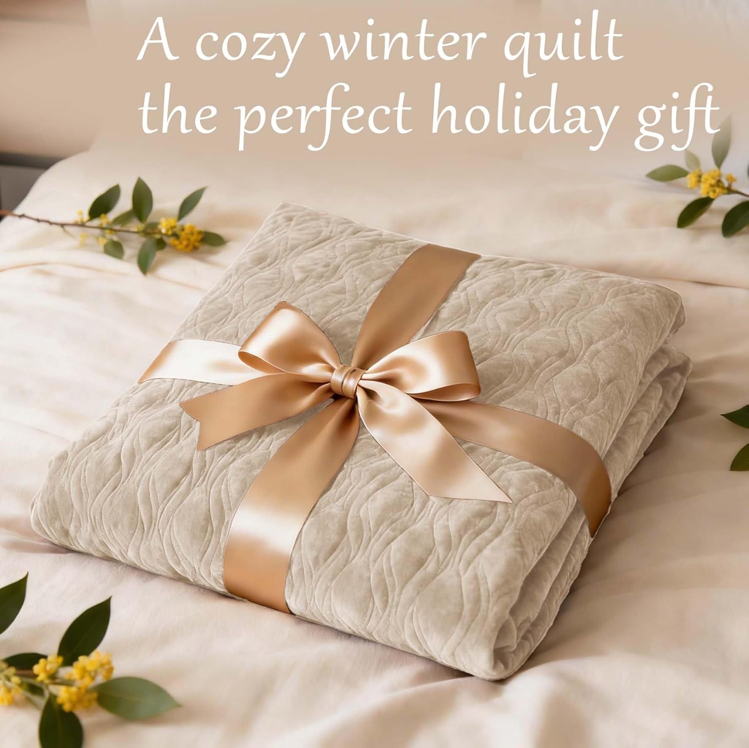 Velvet Quilt Bedding Set 90x98 Queen Szie Bedspread Ultra Soft Luxury Comforter Bed Cover with 2PCS Pillow Shams Versatile Style for Bedroom Home Decoration Gift,Beige