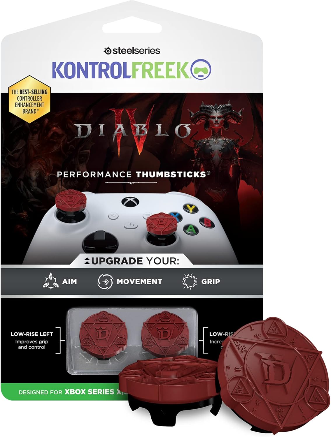 KontrolFreek Diablo IV Performance Thumbsticks for Xbox One (XB1) and Xbox Series X (XBX) Controller | 2 Low-Rise | Red & Black
