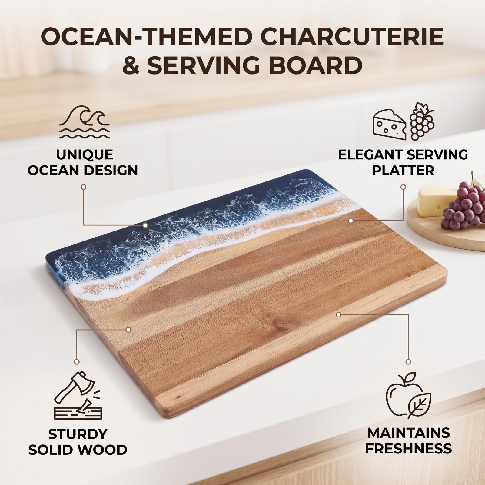 Fockety Tagliere Ocean, Legno Massello, 36x25x1,5 Cm, 1 Confezione