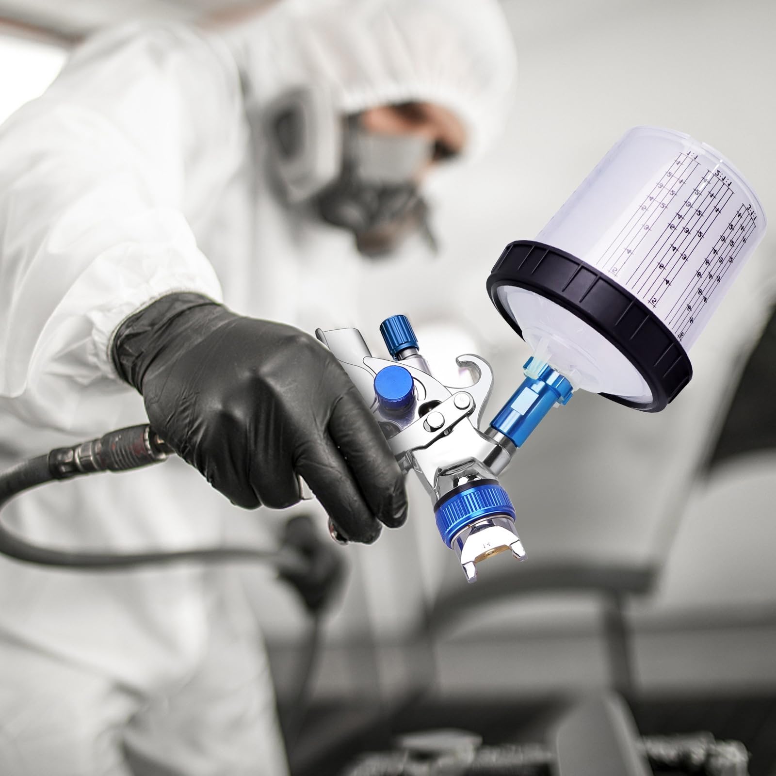 Spruzzatore di vernice automatico professionale HVLP con ugelli da 1,4 mm 1,7 mm 2,0 mm Strumento pistola a spruzzo Tazza spray 10 tazze usa e getta da 600 ml (blu)