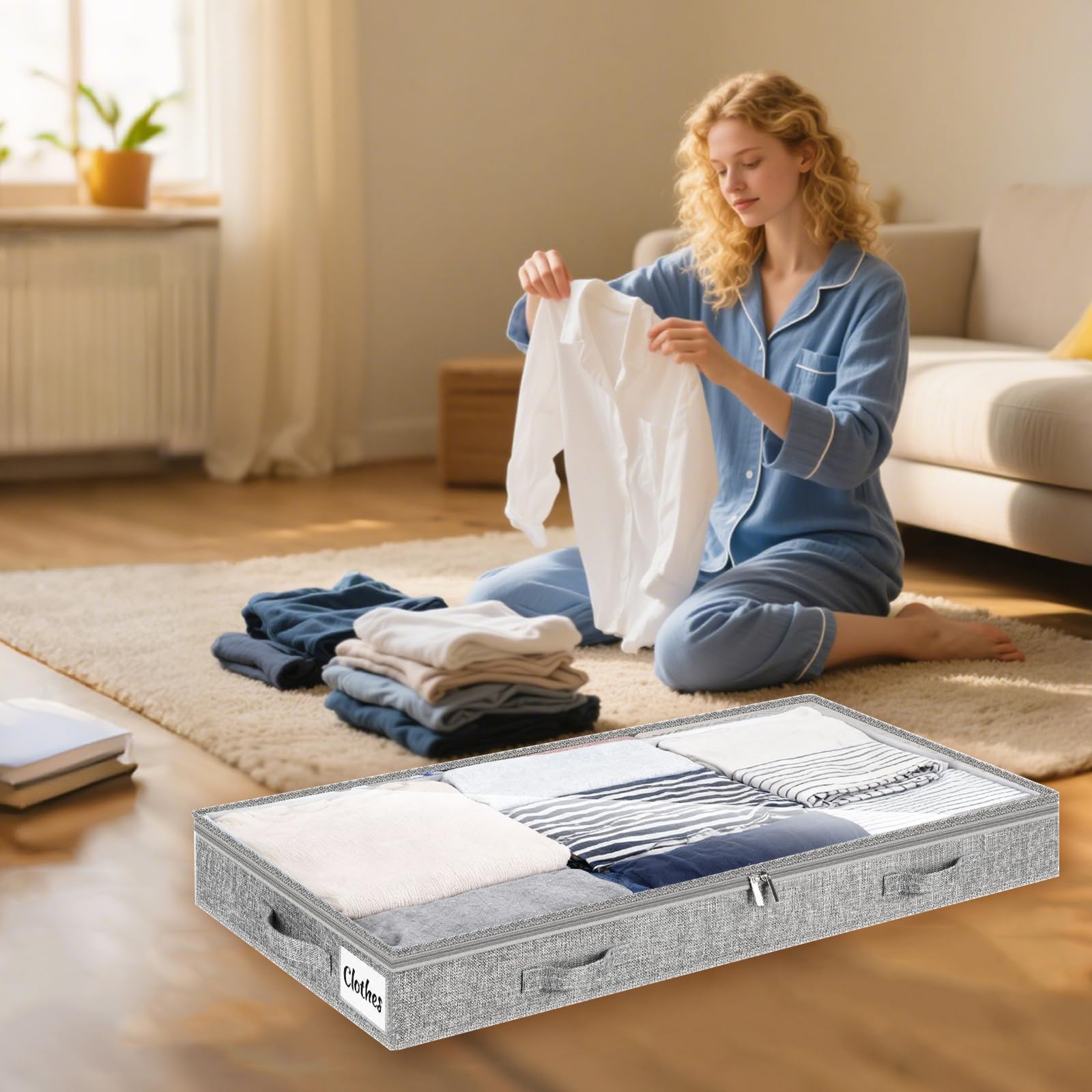 Unterbett Aufbewahrungsbox 2 Stück Unterbettkommode und klarem Transparenter Deckel, 10 cm hoch Faltbar Unterbett Aufbewahrung mit 4 Griffen & 2 Reißverschluss für Kleideraufbewahrung & Organisation