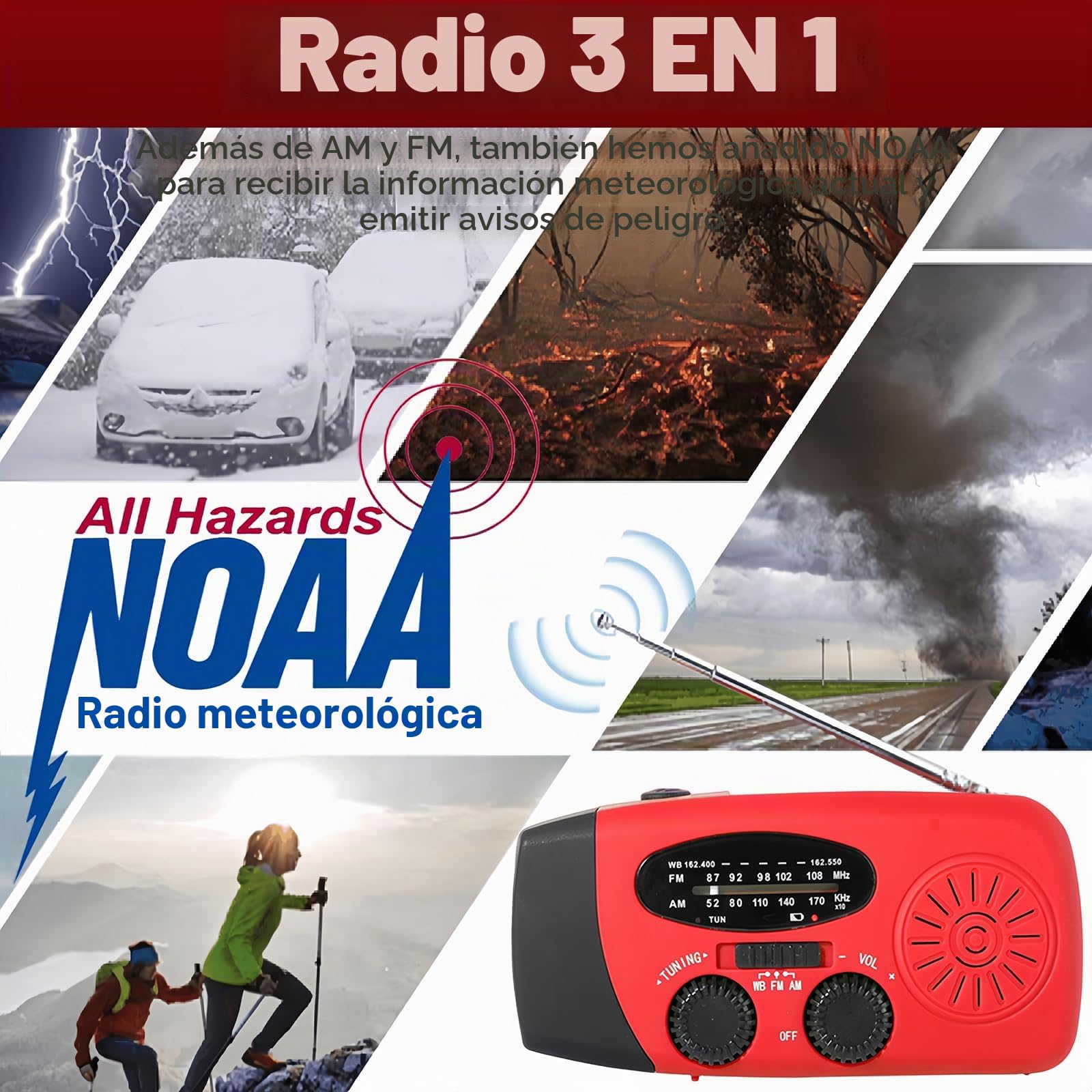 Radio solar portátil con meteorología AM/FM/NOAA, generador de manivela, 2000 mAh, cargador USB para teléfonos móviles, linterna LED, para emergencias, camping, pesca (rojo)
