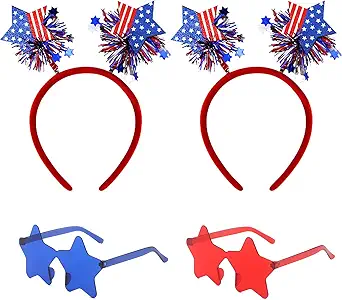 4 PCS Patriotic Party Accessories - Independence Day Headband, Star Sunglasses, Red White Blue Party Favors and Memorial Day Supplies