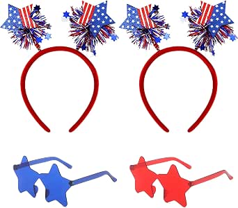 4 PCS Patriotic Party Accessories - Independence Day Headband, Star Sunglasses, Red White Blue Party Favors and Memorial Day Supplies