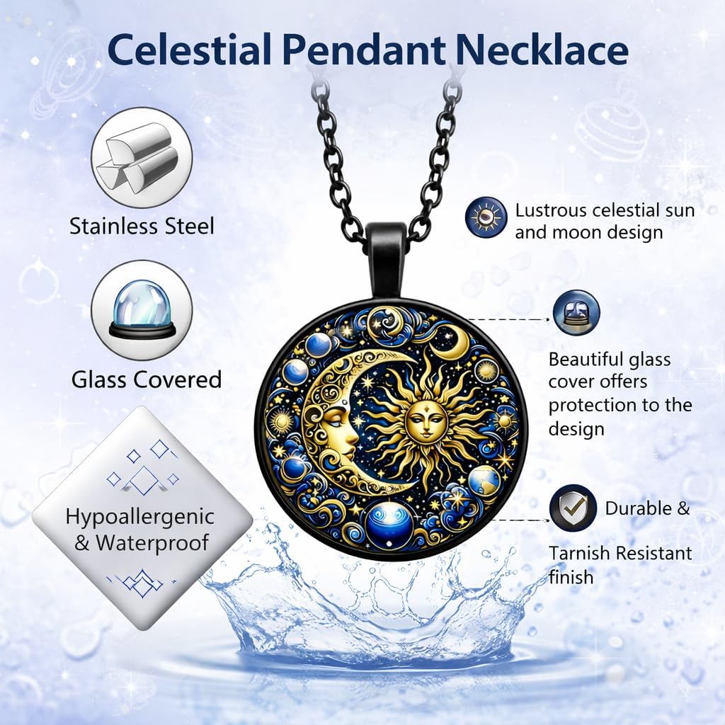 Celestial Sun and Moon Pendant Necklace, Mystical Galaxy Design, Black and Gold, 45cm Chain with 5cm Extension, 2.5cm Round Medallion