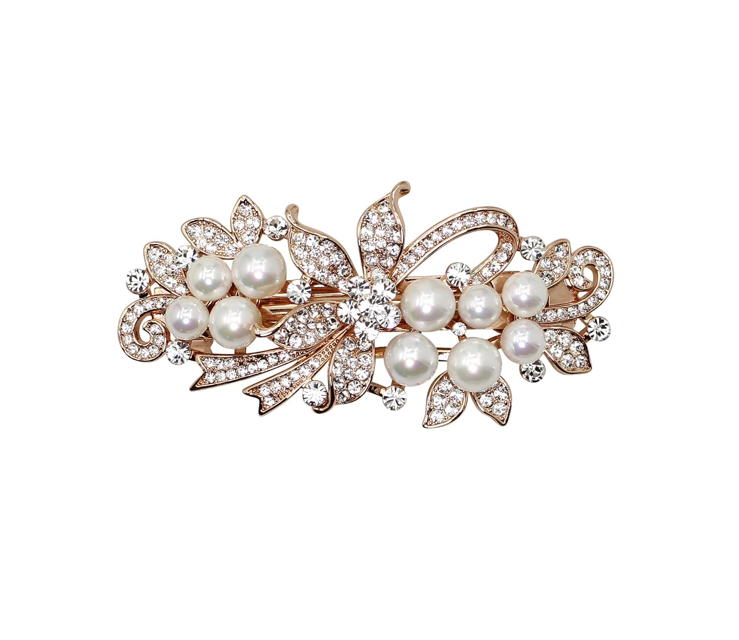 Faship Clear Rhinestone Crystal Shell Pearl Floral Hair Barrette Clip 3.75" x 1.75"