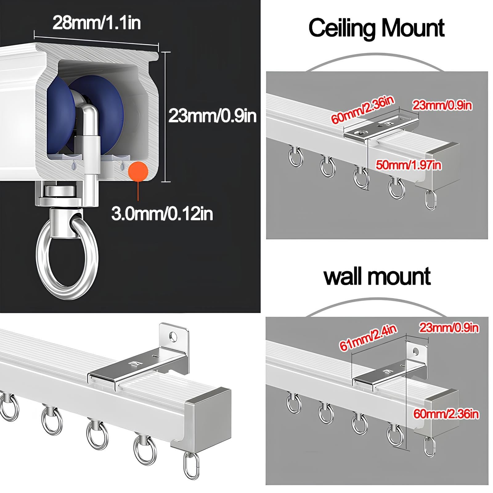 Aluminiowy system szyn sufitowych z dźwiękoszczelnymi taśmami, szyna ścienna i sufitowa, do salonu, sypialni, przegrody prysznicowej, biała, 4 x 1,25 m