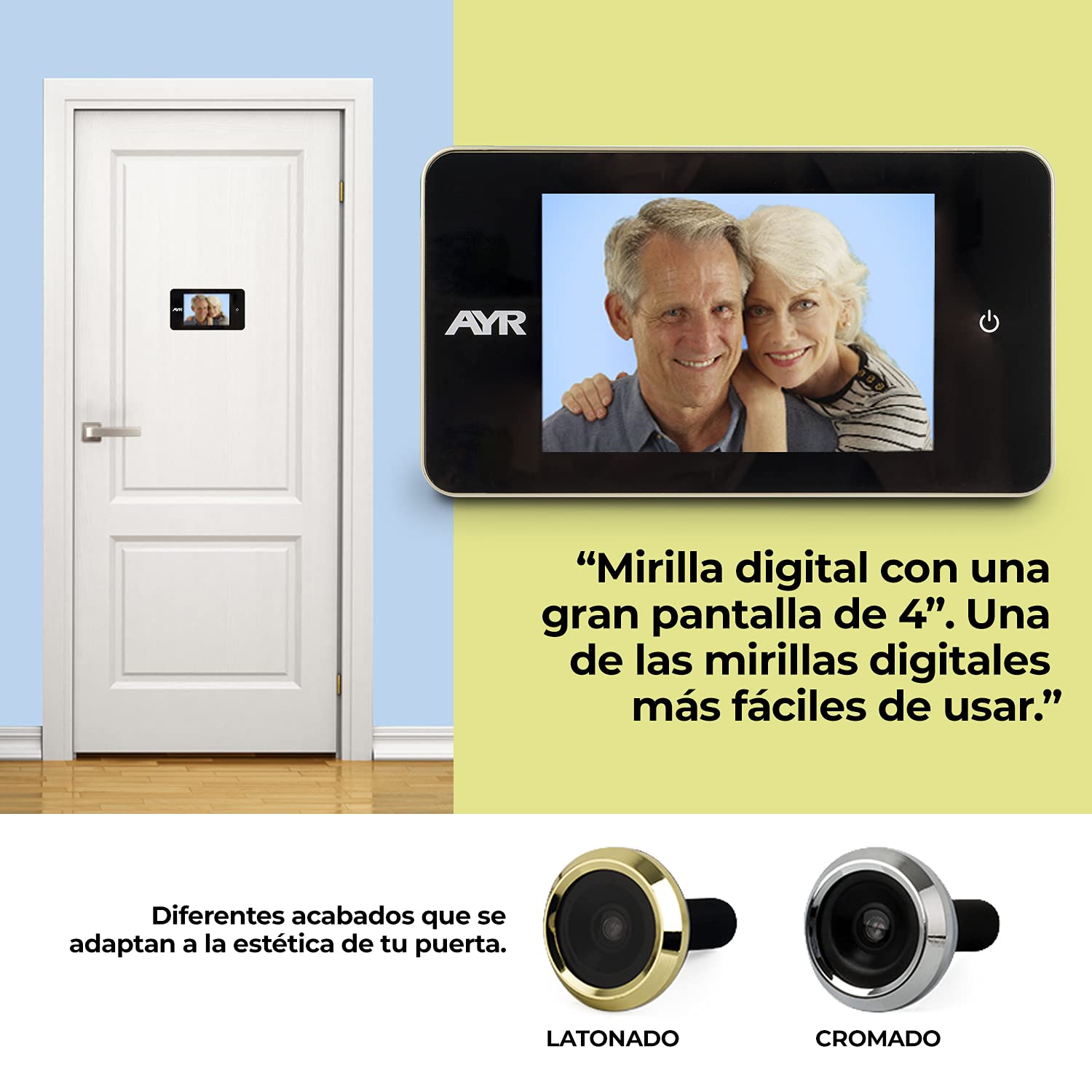 AYR Mirilla Digital AYR 754: Gran pantalla de 4" para Mayor Claridad y Facilidad de Uso. Protección de Puerta Garantizada | Acabado Níquel Mate/Latón.