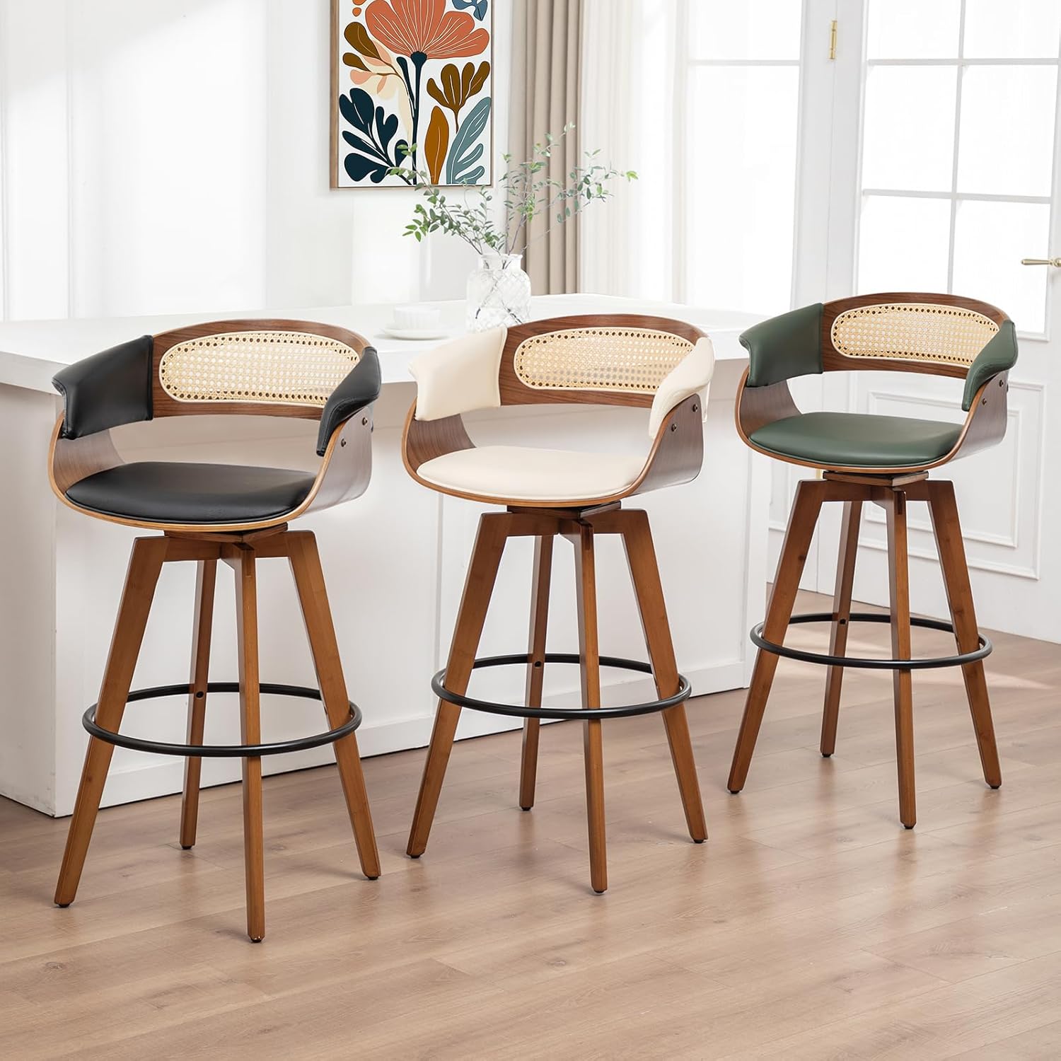 Set of 2 Rattan Swivel Counter Stools - 26.4 inch Mid Century Modern Counter Stools with Cane Back, Upholstered Seat, Curved Arms, Bar Stools for Island/Kitchen/Cafe (26" Seat Height, Green)
