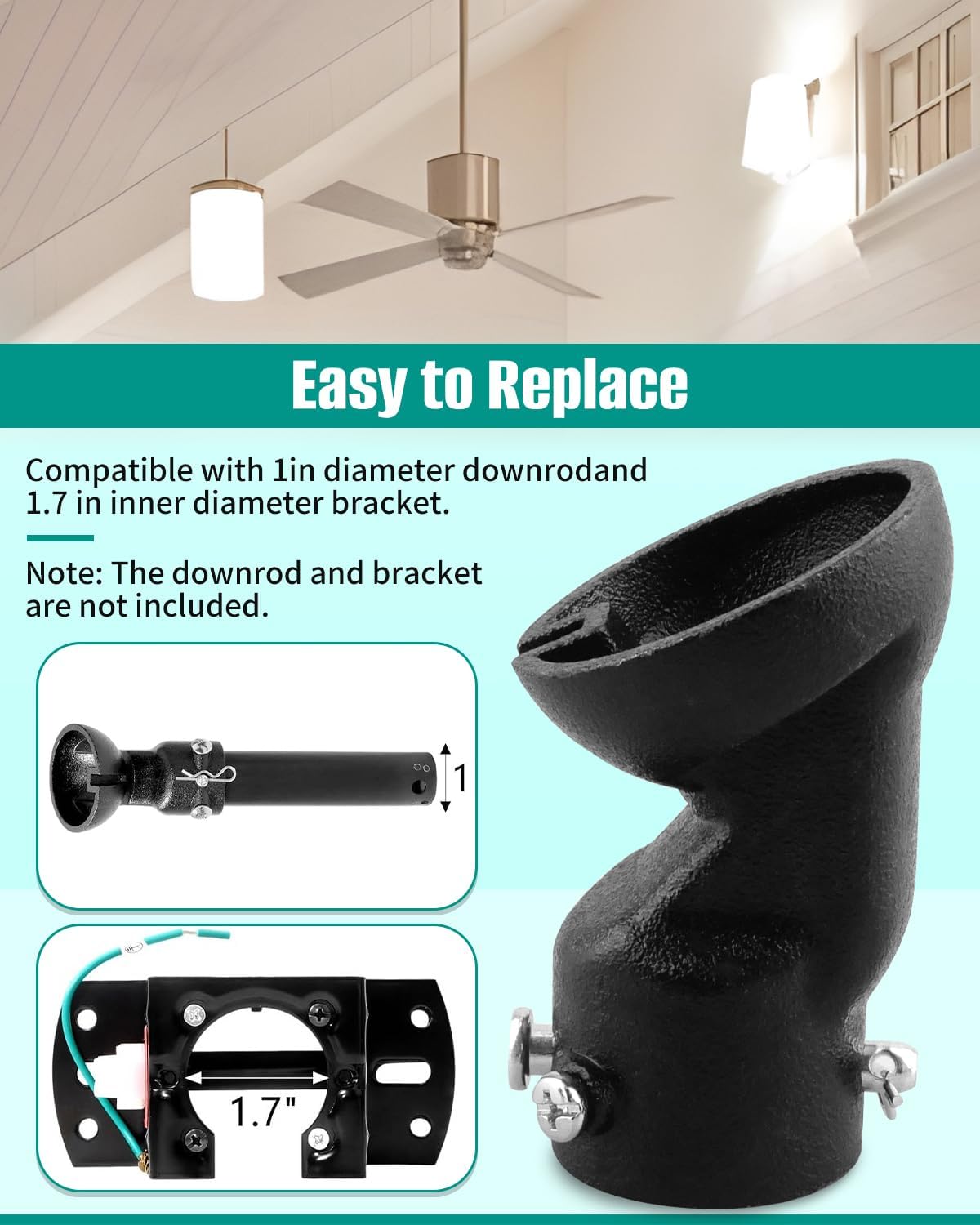 Sloped Ceiling Fan Adapter Black Ceiling Fan Mount Adapter Fit for Flat Vaulted Sloped Ceilings Up to 45°, for 1 Inch Down Rod 1.7 Inch Inner Diameter Mounting Brackets