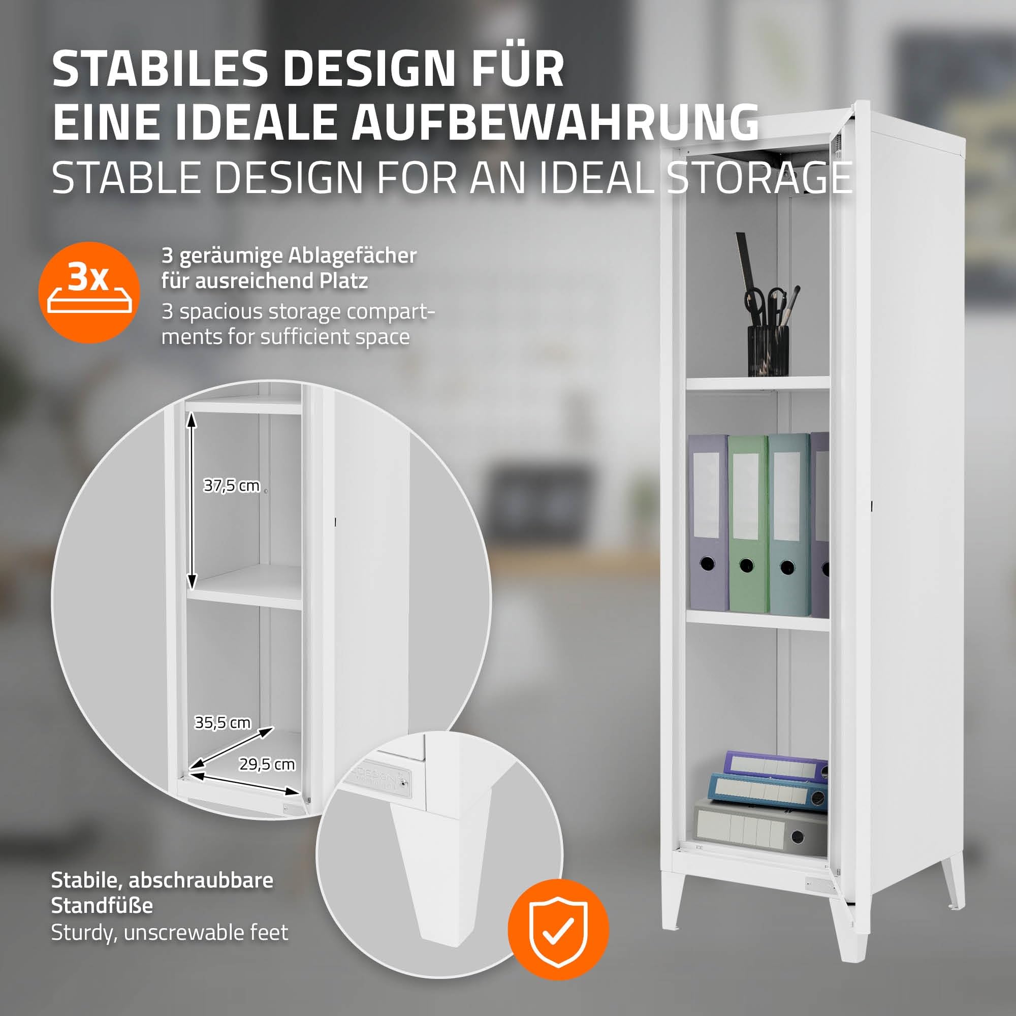 ML-Design Schedario Alto 38x38x137,5 cm Bianco Acciaio Mobile da Ufficio a 4 Gambe Armadio per Archiviazione in Metallo a un'Anta, 3 Scomparti Interni Comodino Mobiletto Portadocumenti Armadietto